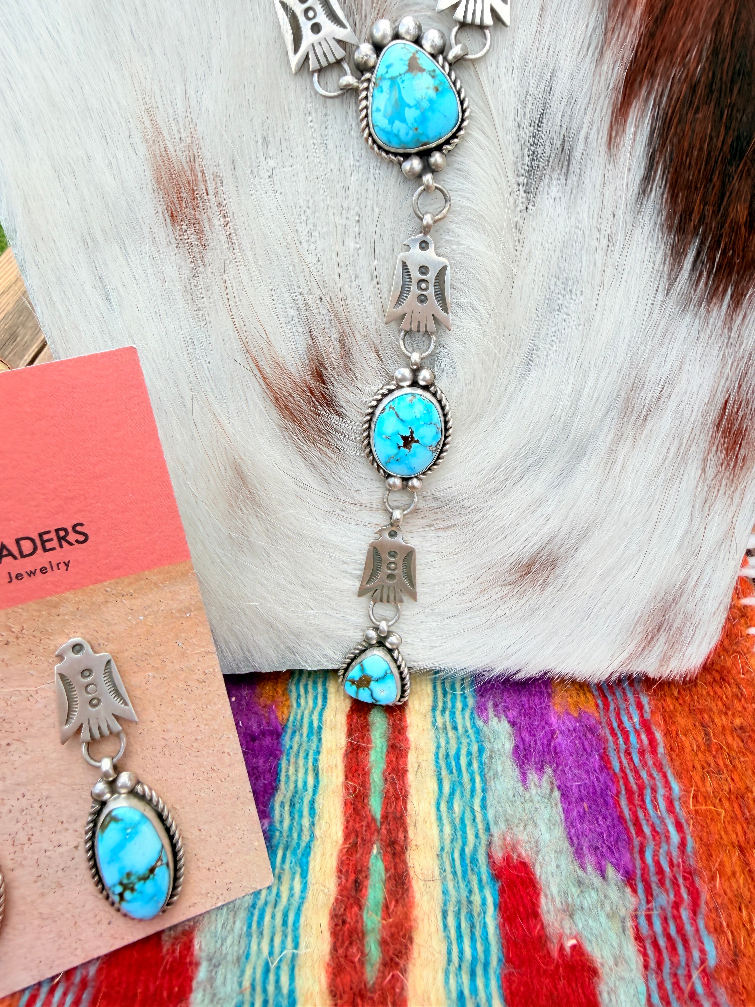 Handcrafted Turquoise & Sterling Silver Thunderbird Necklace and Earring Set by Fred Francis