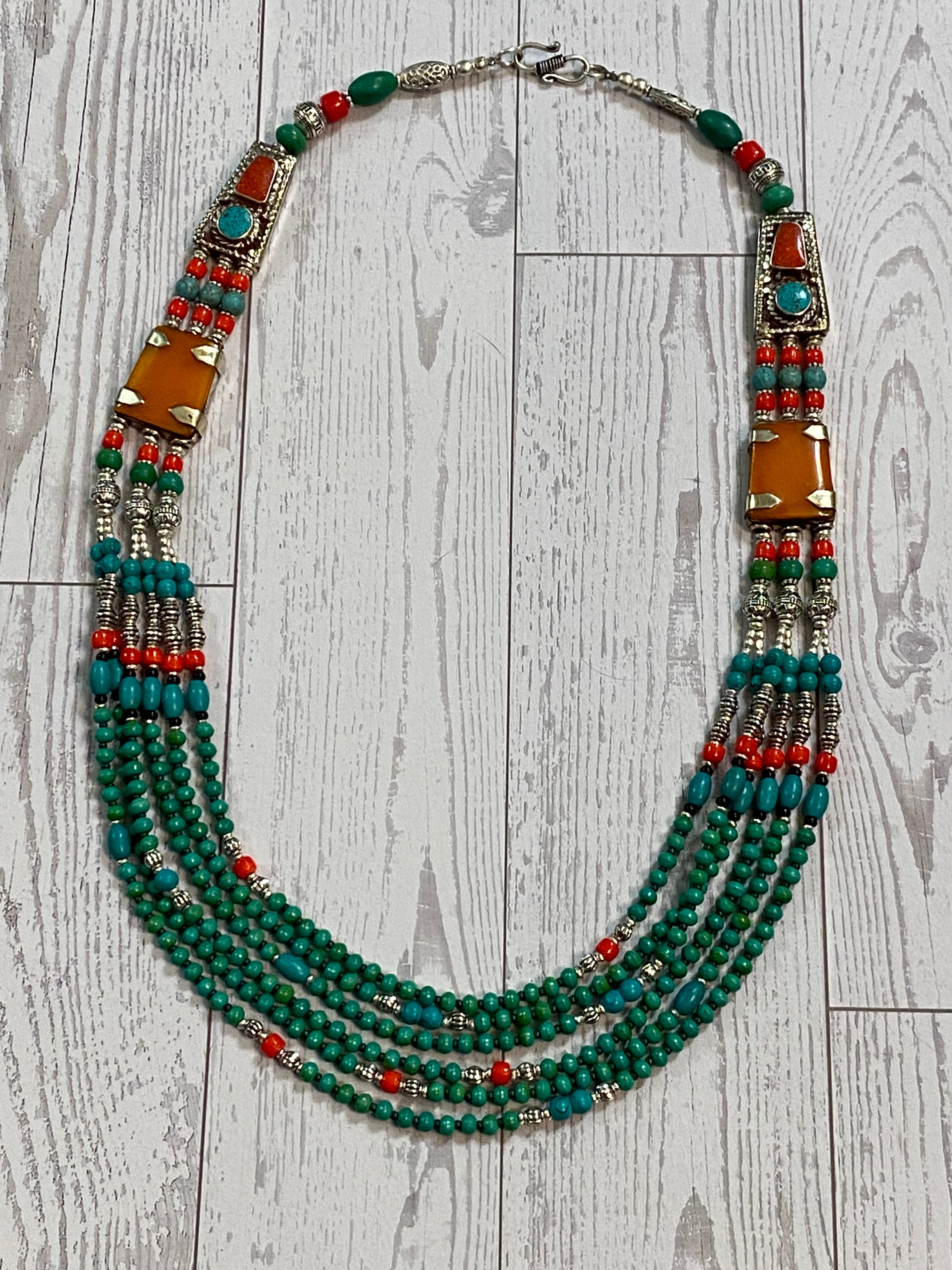 Silver Plated Tibetan Style Six Strand Turquoise, Red Coral, & Orange Spiny Beaded Necklace