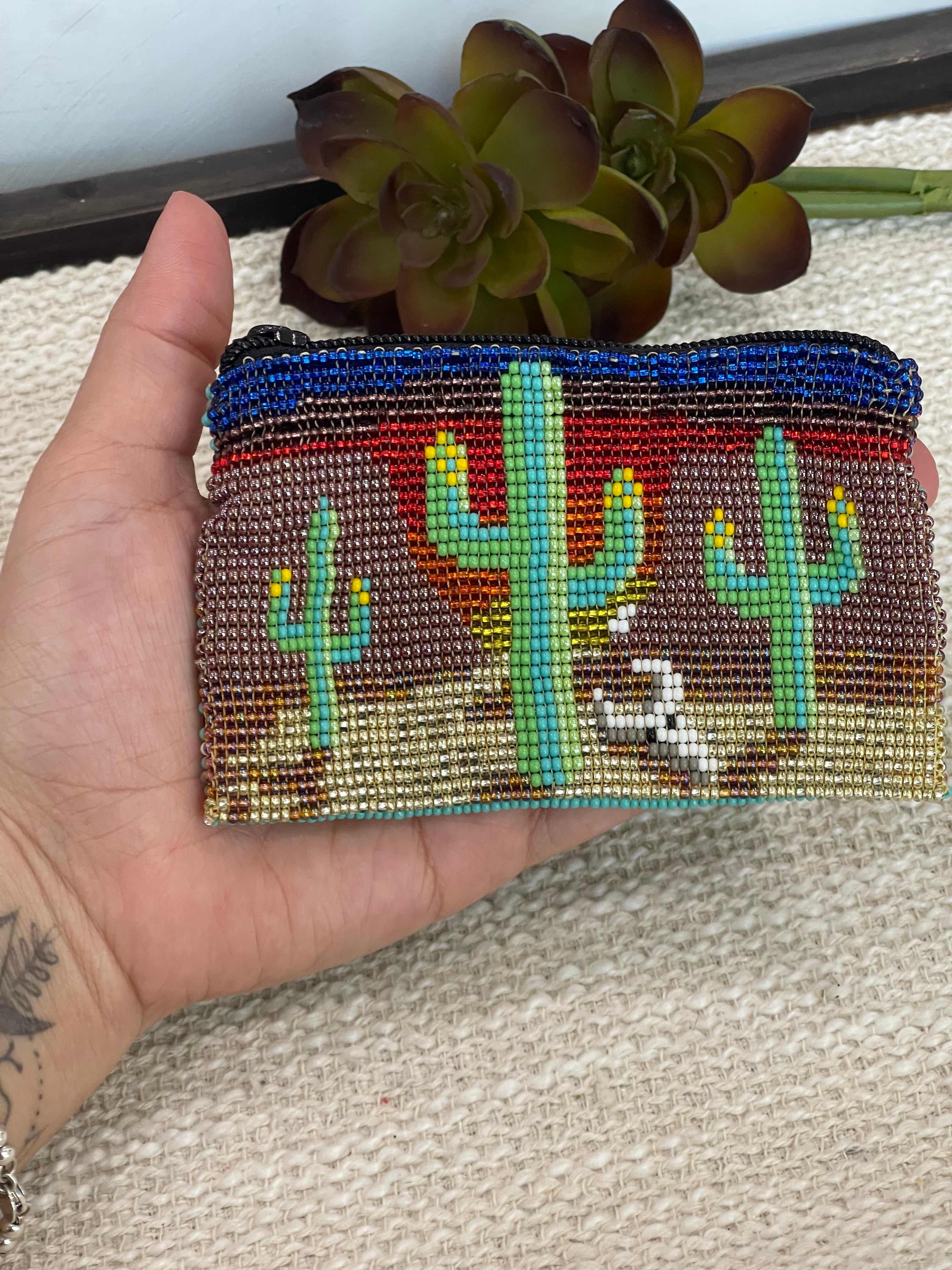 Handmade Beaded Saguaro Desert Coin Purse Light