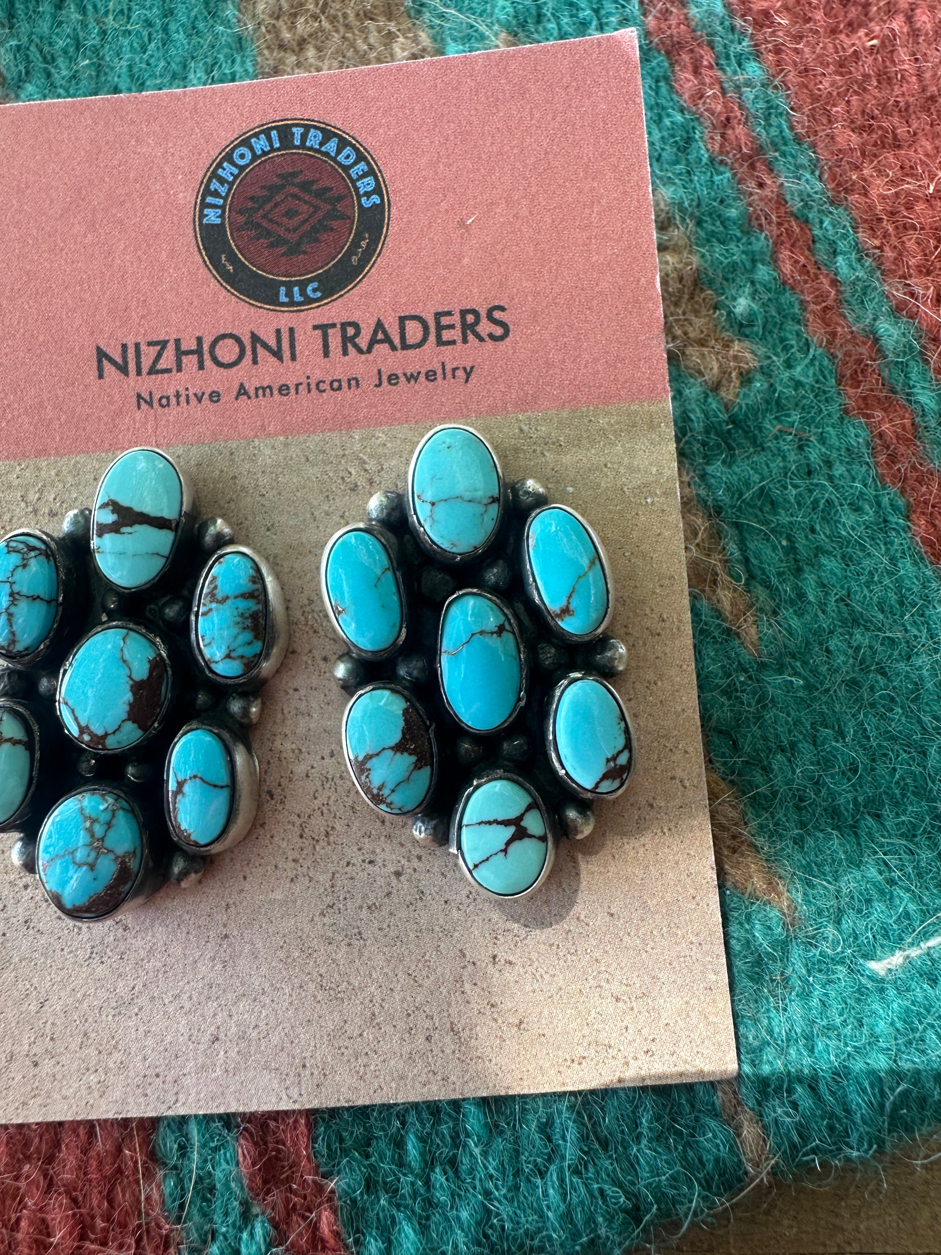 Handcrafted Sterling Silver & Kingman Web Turquoise Cluster Post Earrings