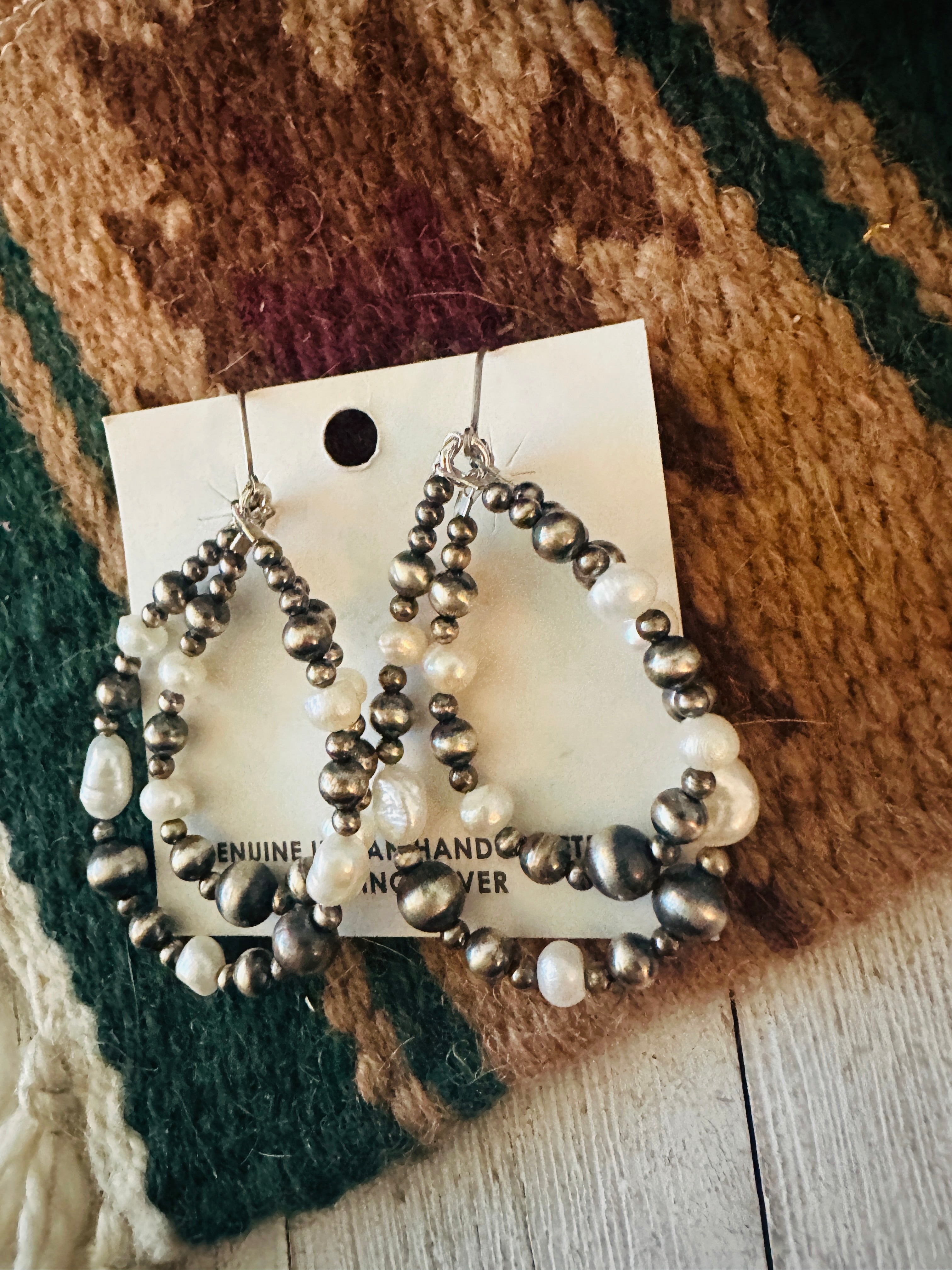 Navajo Natural Pearl & Sterling Silver Beaded Double Hoop Dangle Earrings