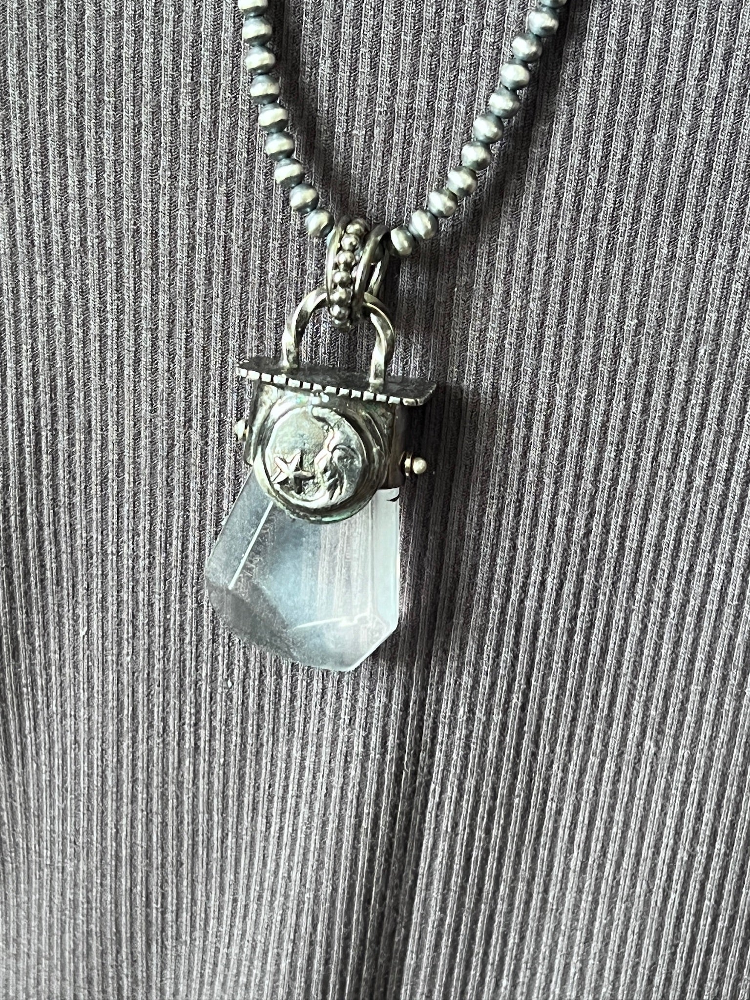 Sterling Silver Gem Collector 30” + 2” Beaded Necklace w/ Tularosa Quartz & Moon Pendant 2