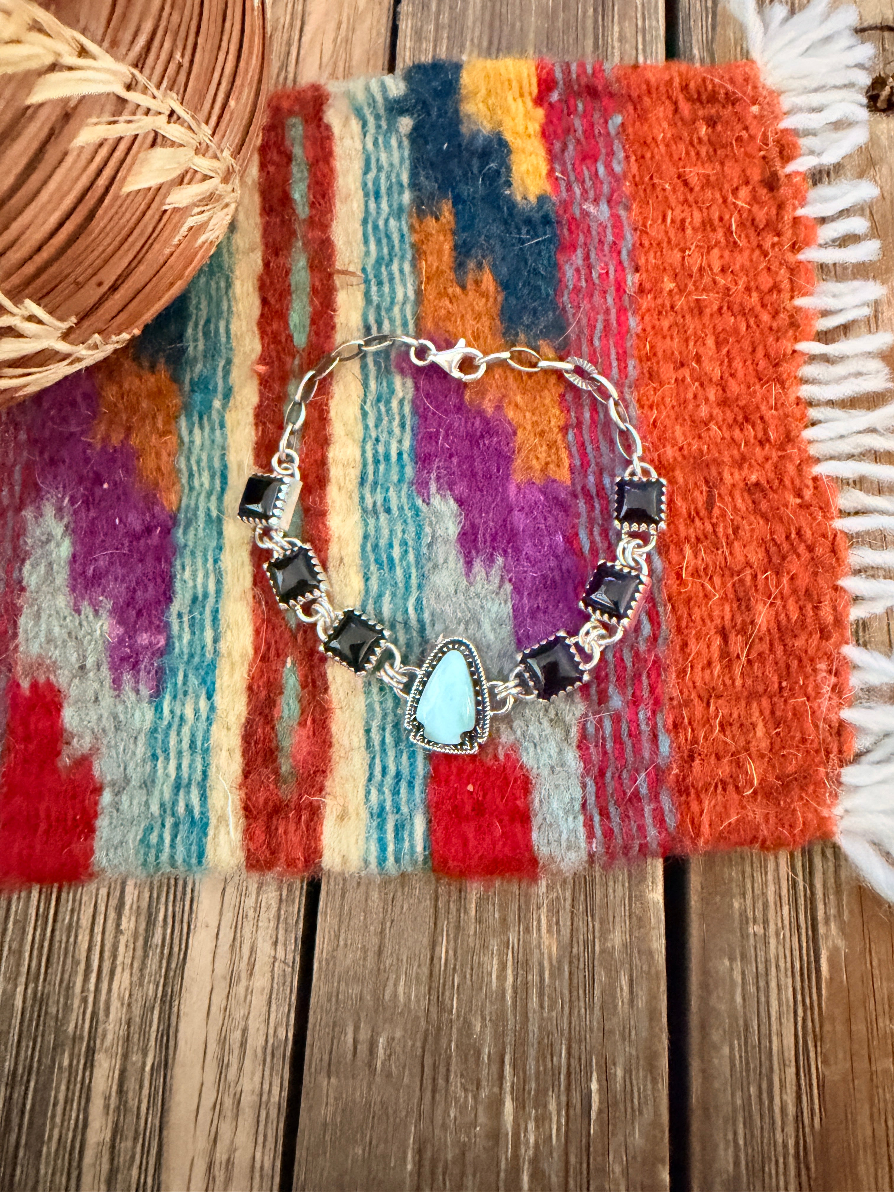 Handmade Sterling Silver, Onyx and Larimar Arrowhead Link Bracelet