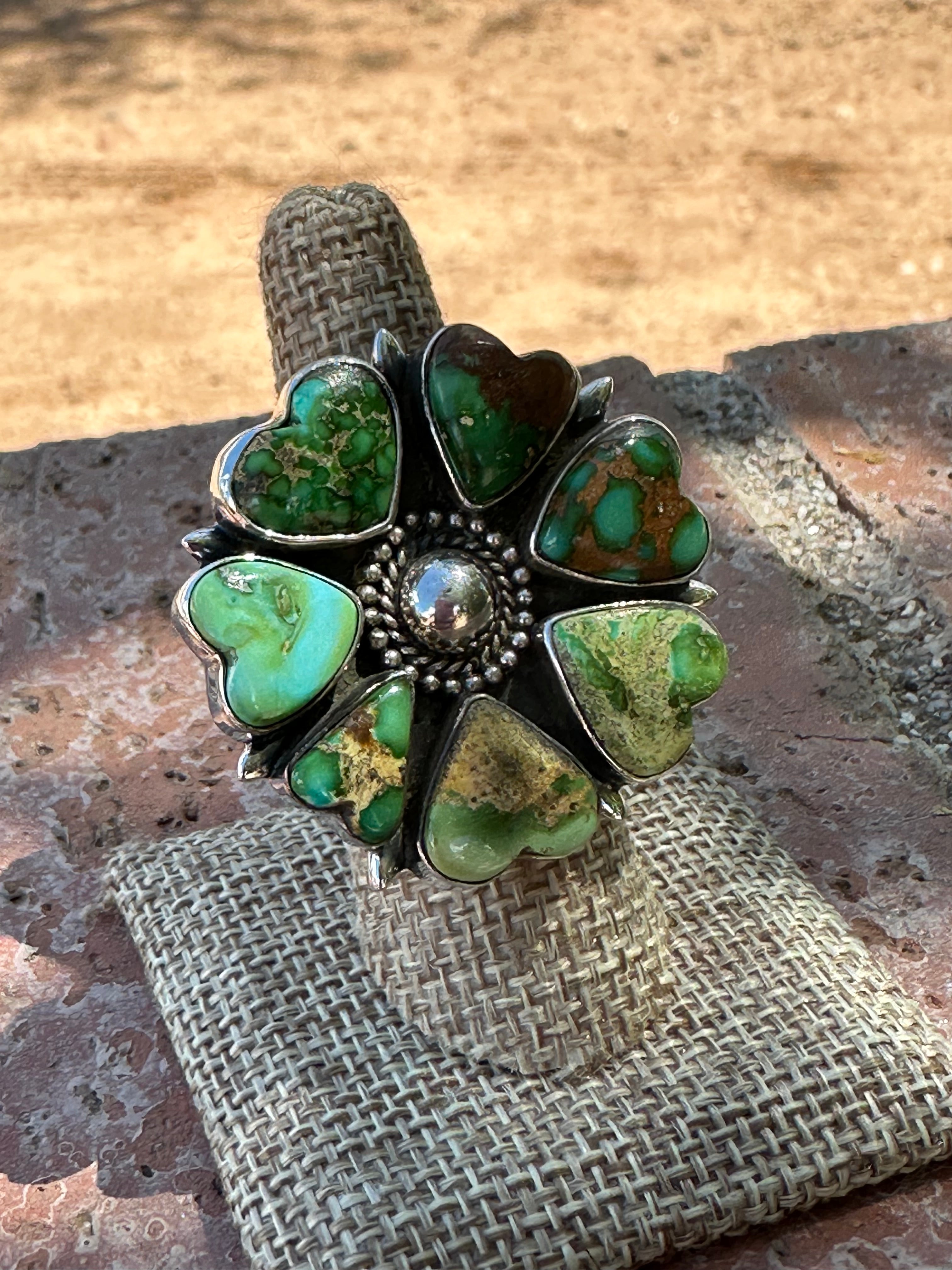 Beautiful Handmade Sonoran Mountain Turquoise And Sterling Silver Heart Adjustable Ring