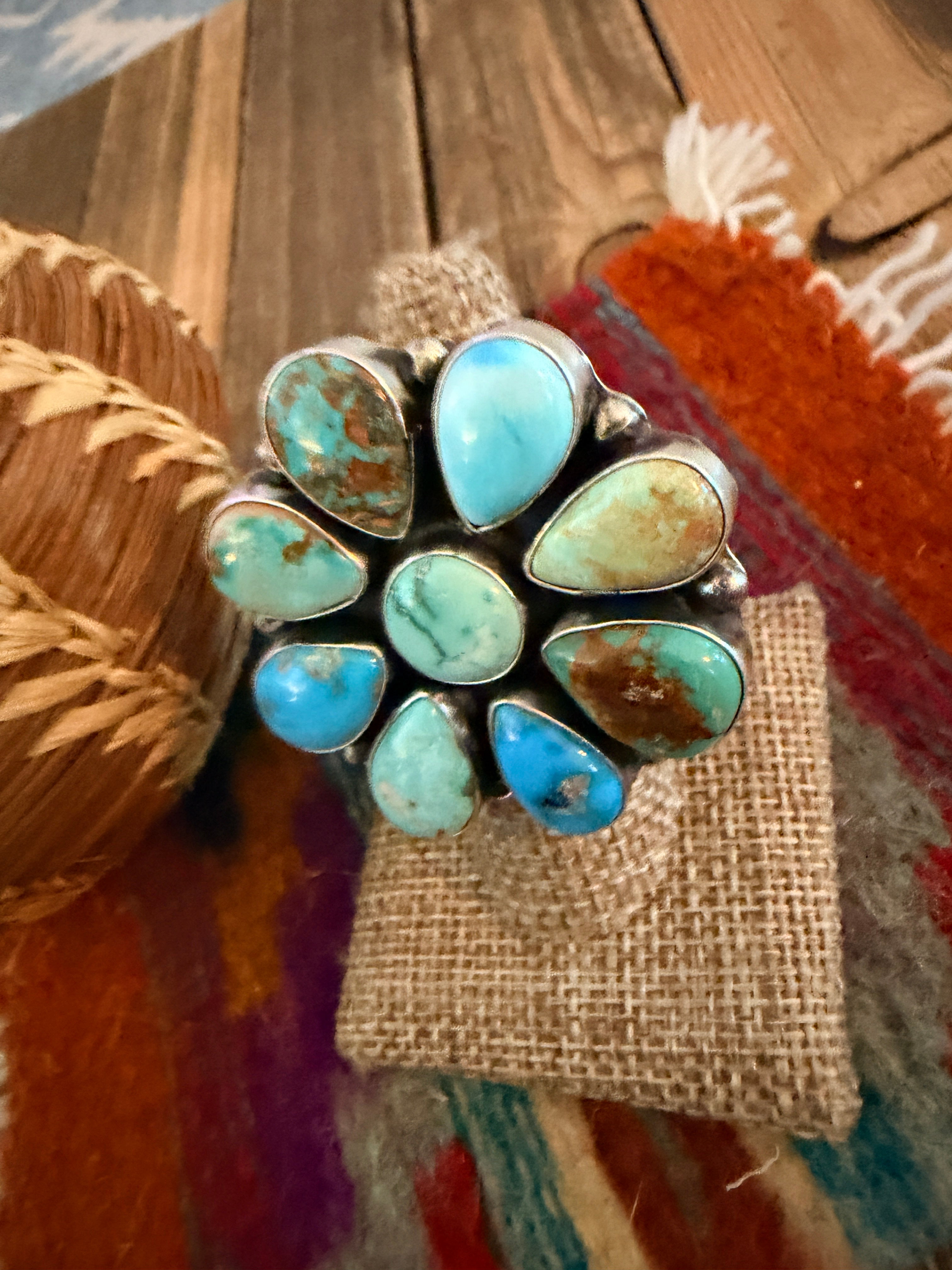 Handcrafted Multi Turquoise & Sterling Silver Cluster Adjustable Ring