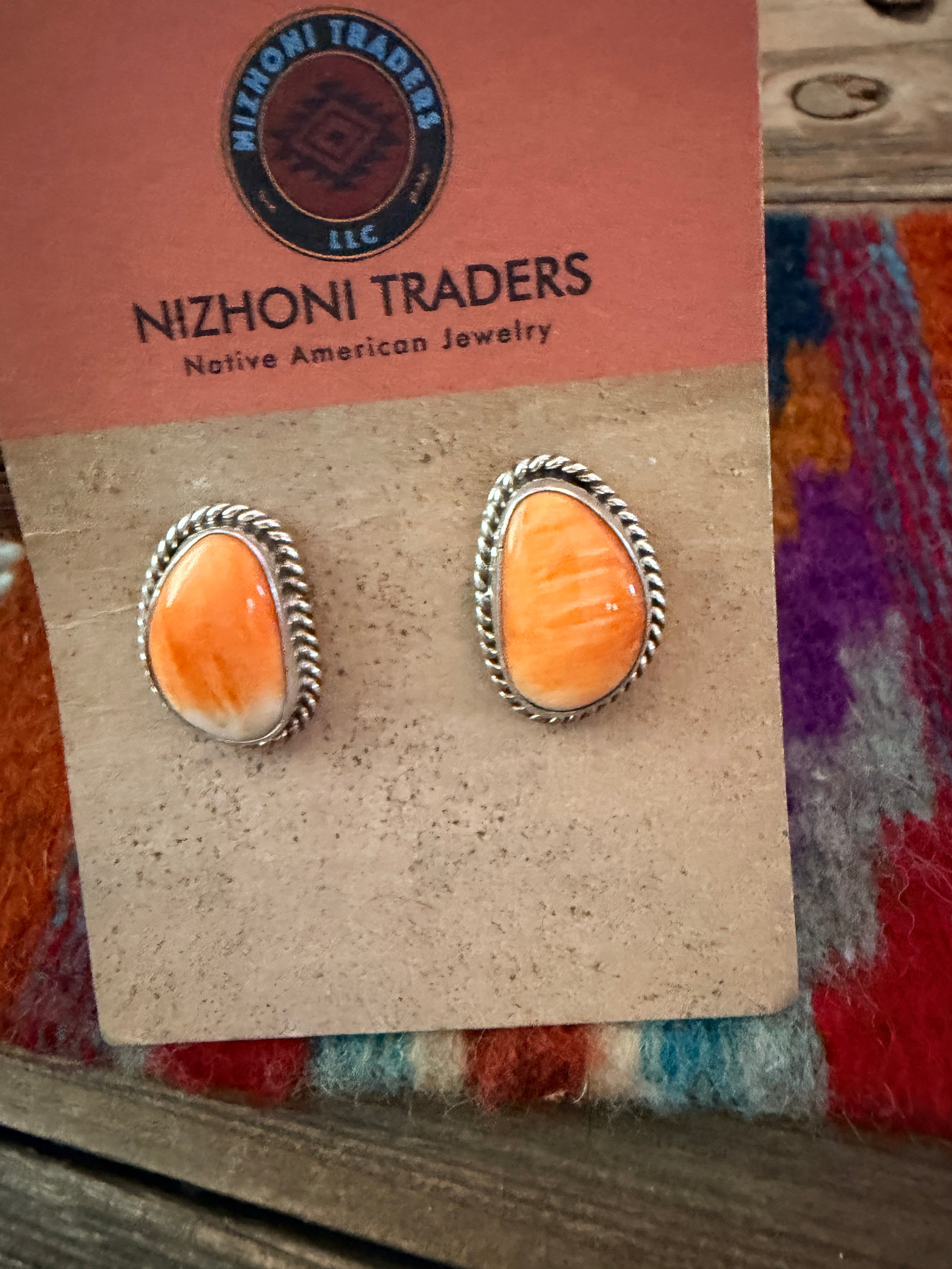 Handcrafted Orange Spiny & Sterling Silver Stud Earrings