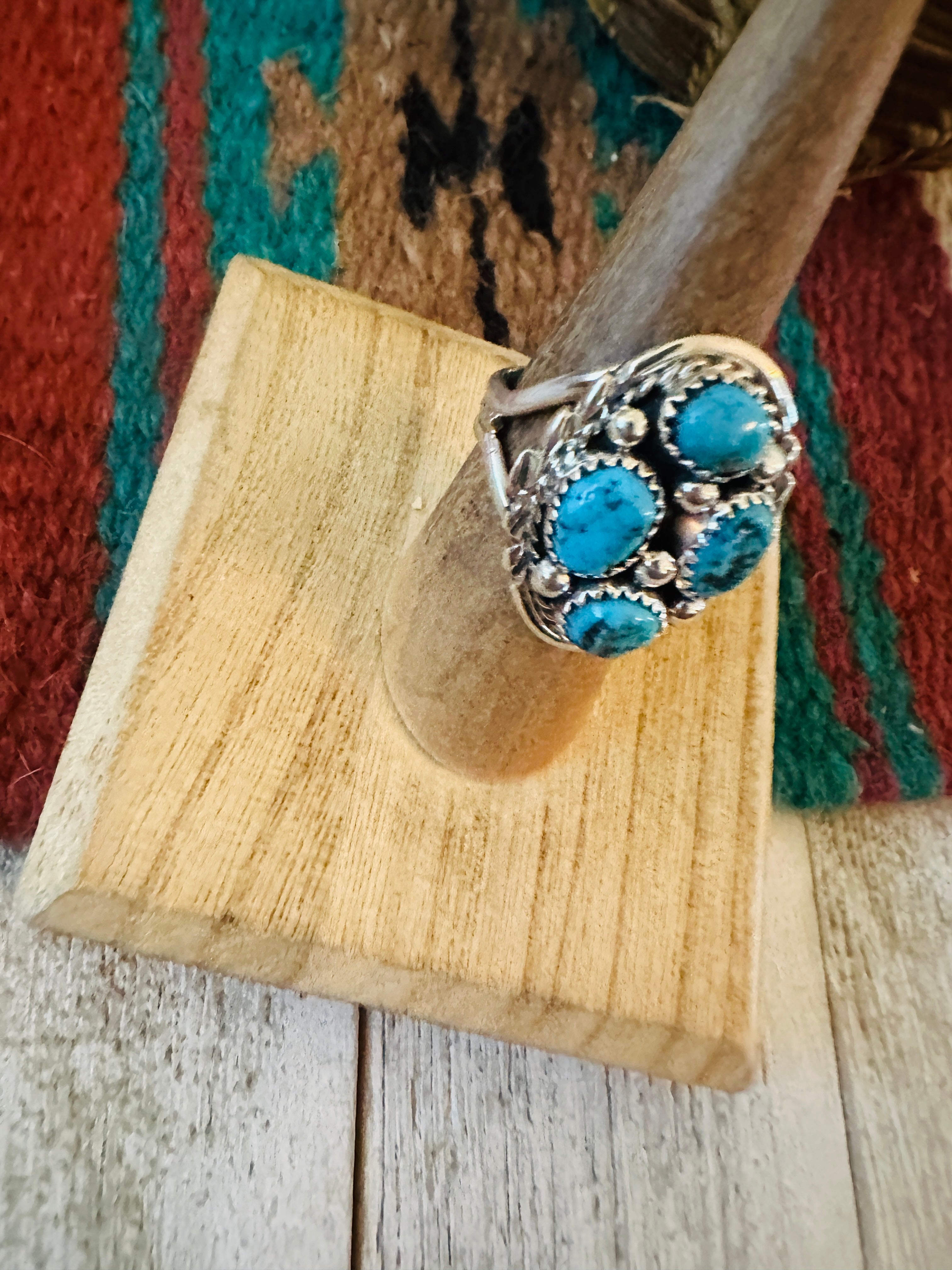 Handcrafted Turquoise & Sterling Silver Cluster Ring Size 7
