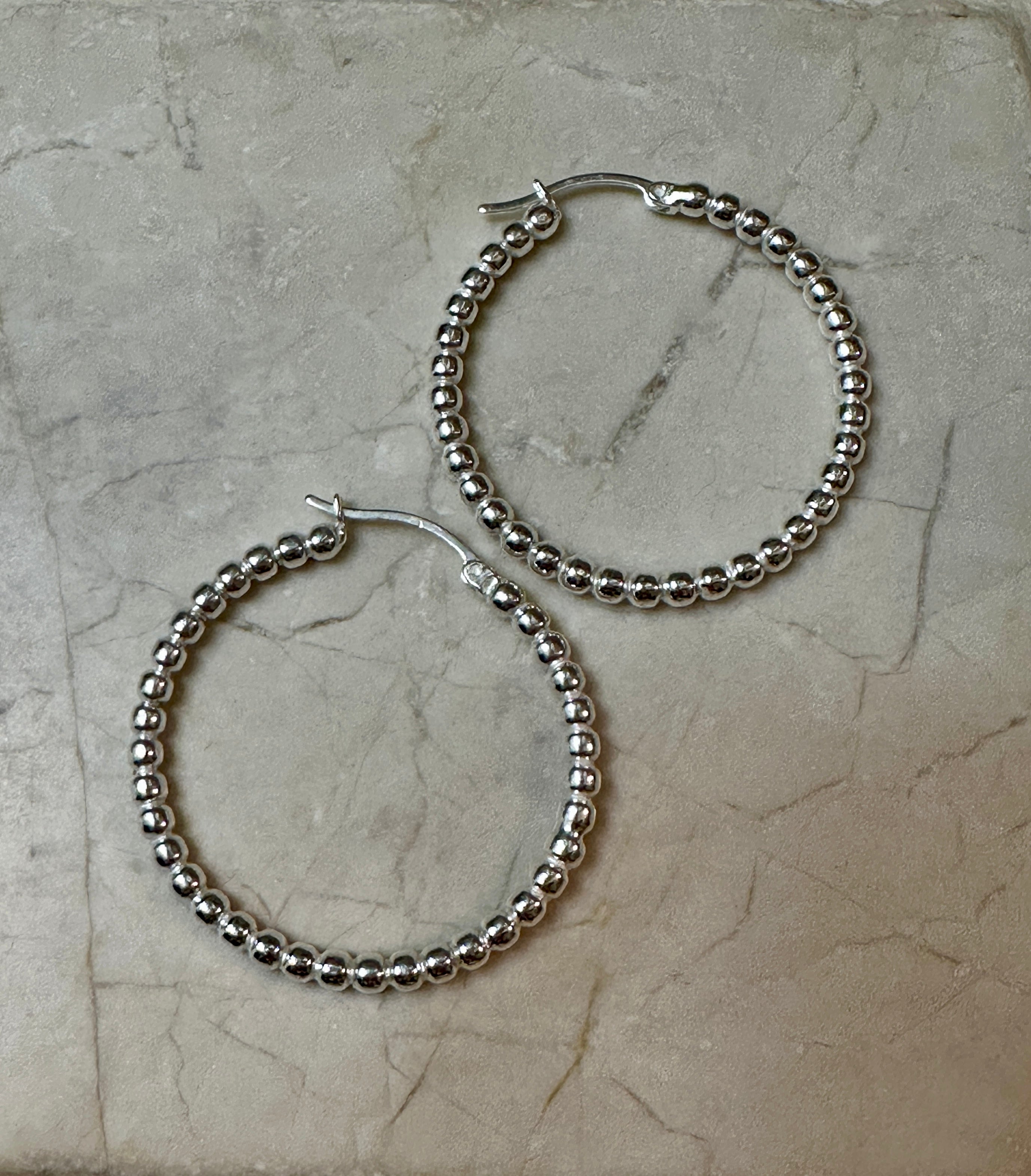Beaded Hoop Earrings Sterling Silver 1 1/4”