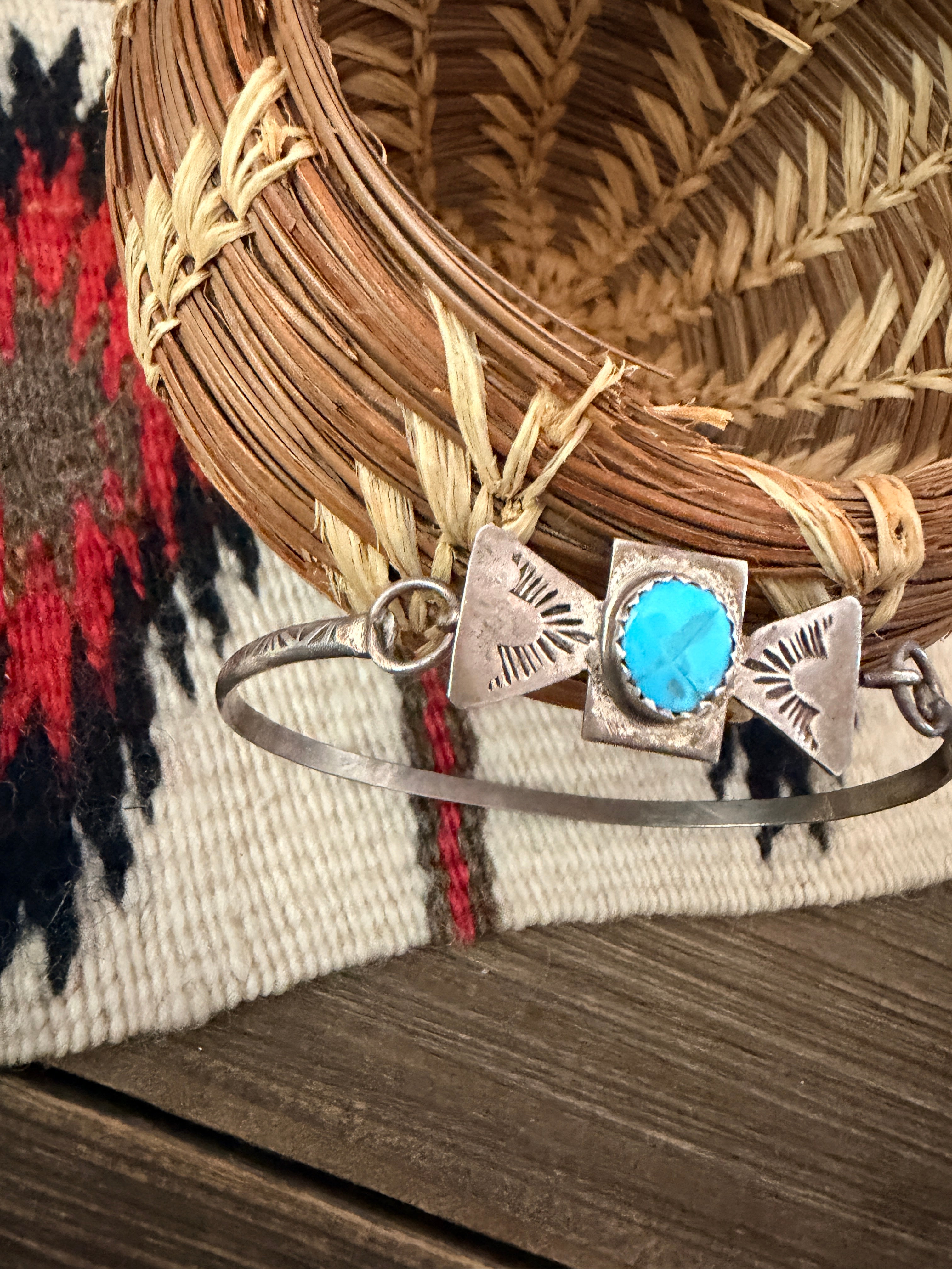 Handcrafted Old Pawn Turquoise and Sterling Silver Bangle Bracelet