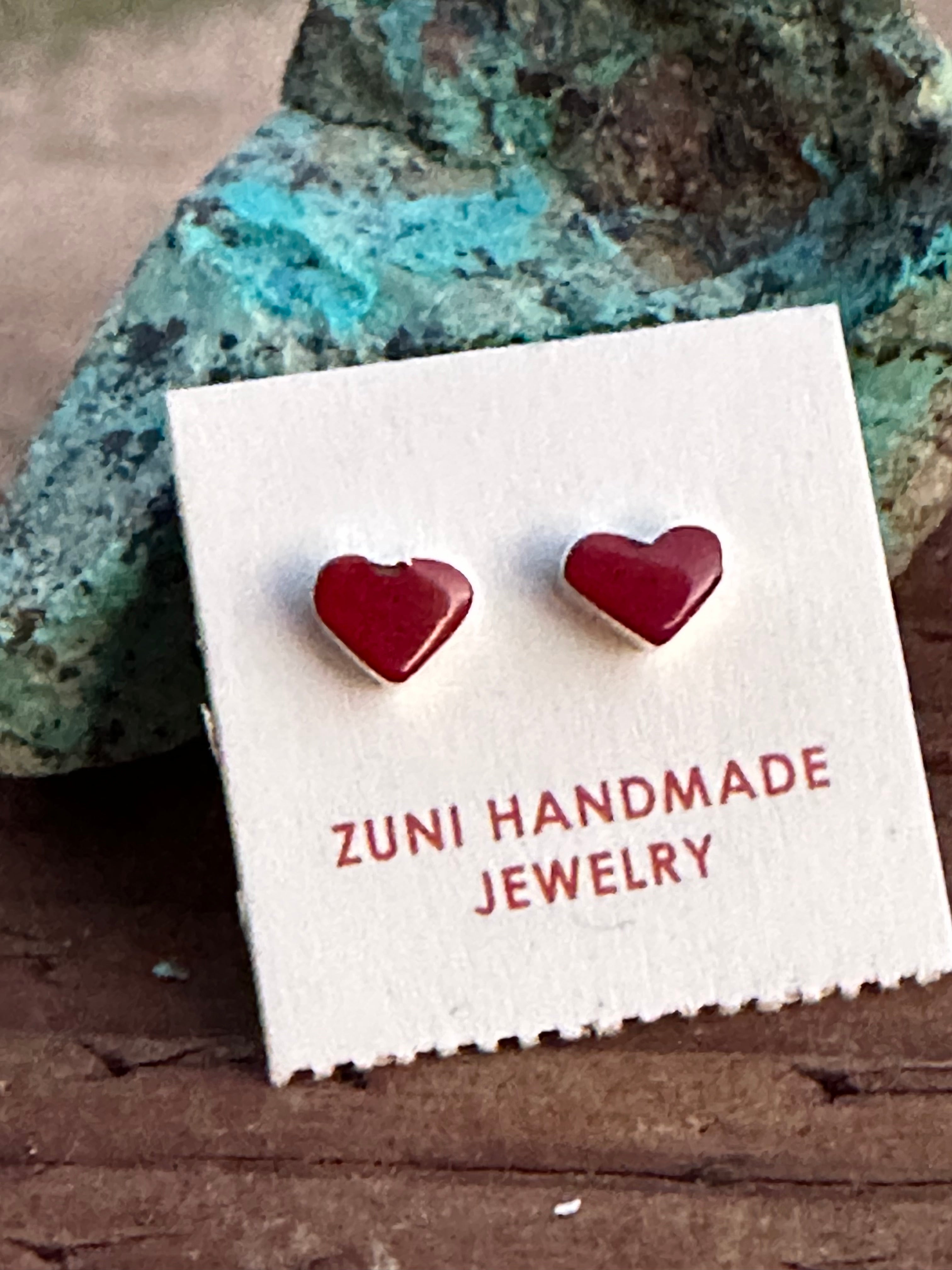 Zuni Coral & Sterling Silver Heart Stud Earrings