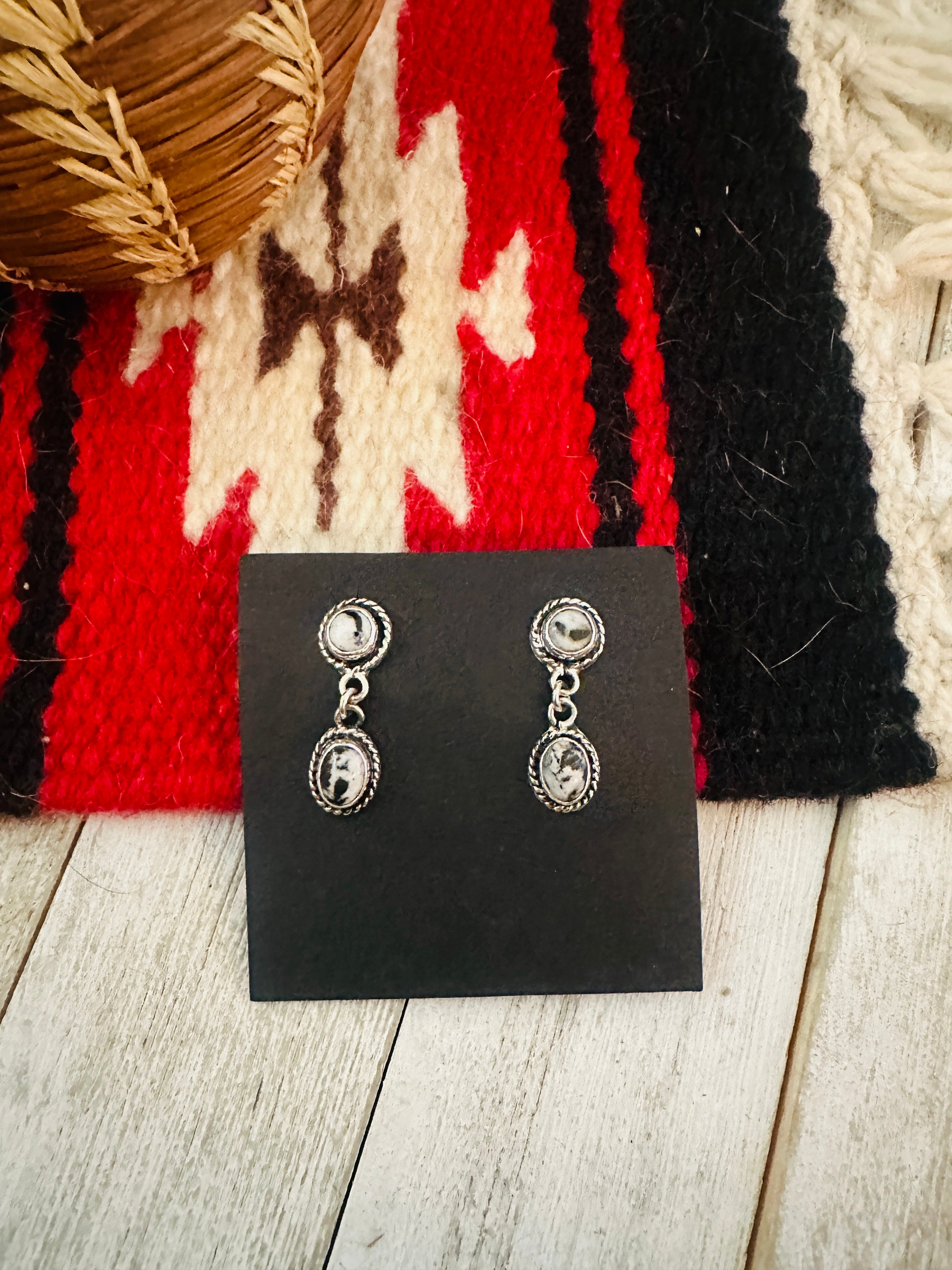 Navajo White Buffalo and Sterling Silver Dangle Earrings