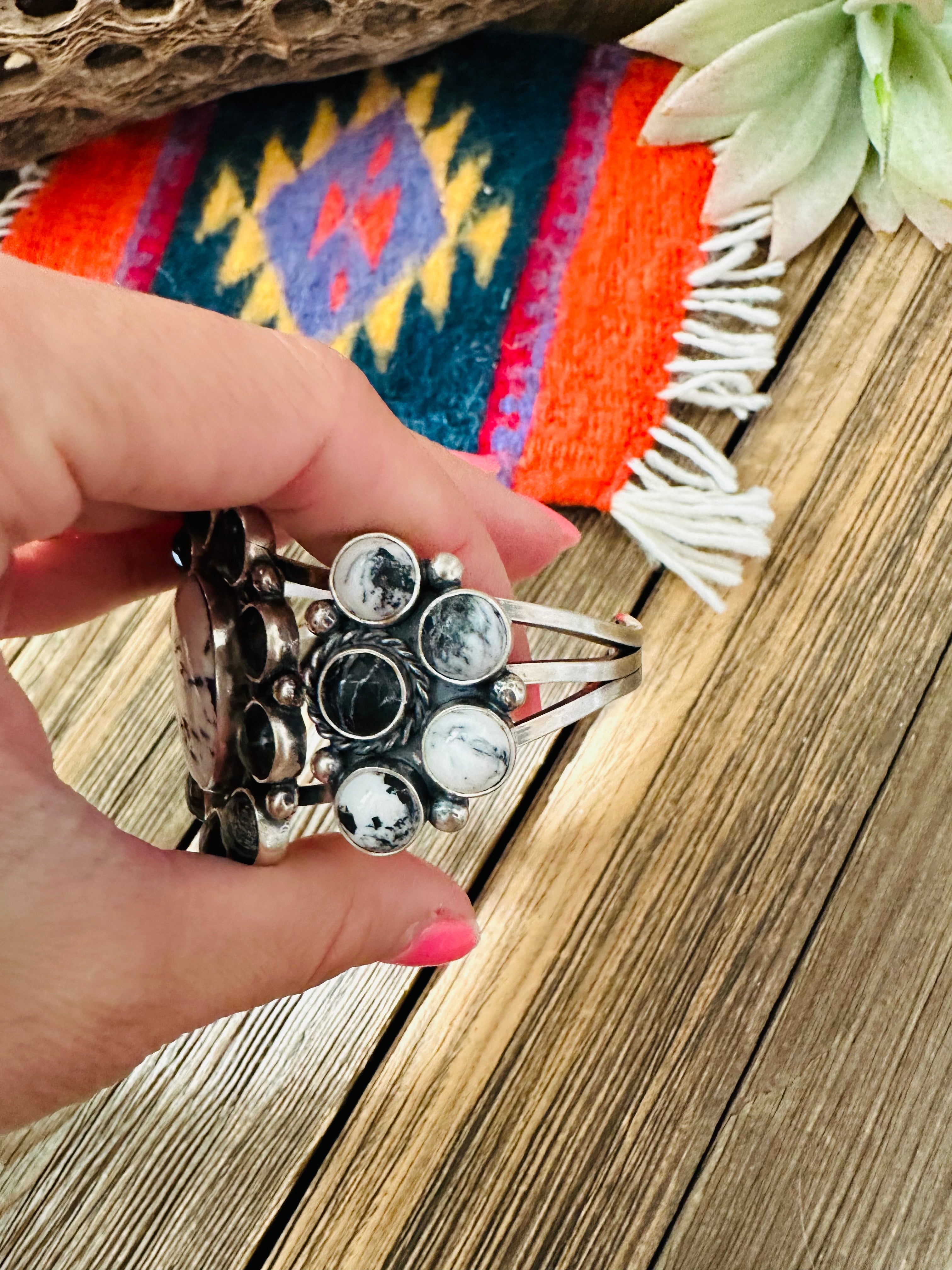 Navajo White Buffalo & Sterling Silver Cluster Cuff Bracelet