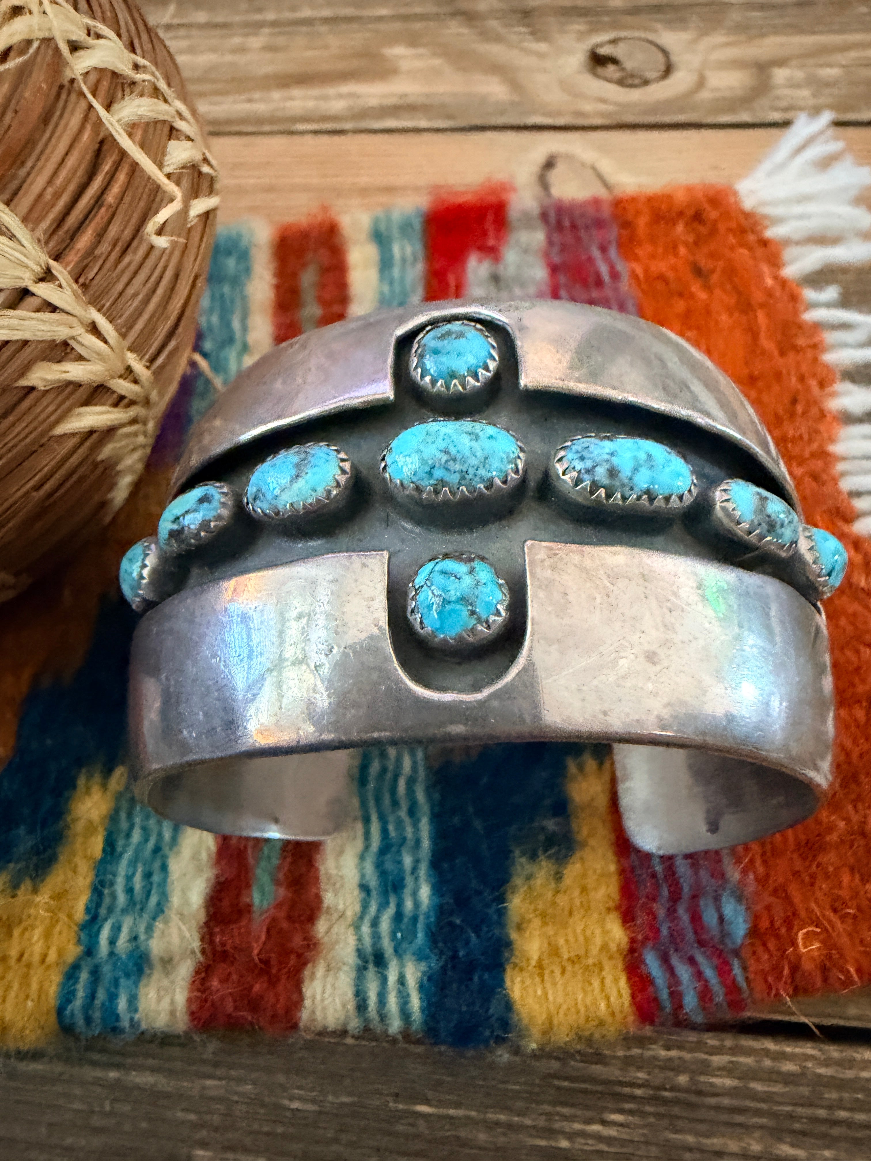 Handcrafted Old Pawn Sterling Silver & Turquoise Shadowbox Cross Cuff Bracelet
