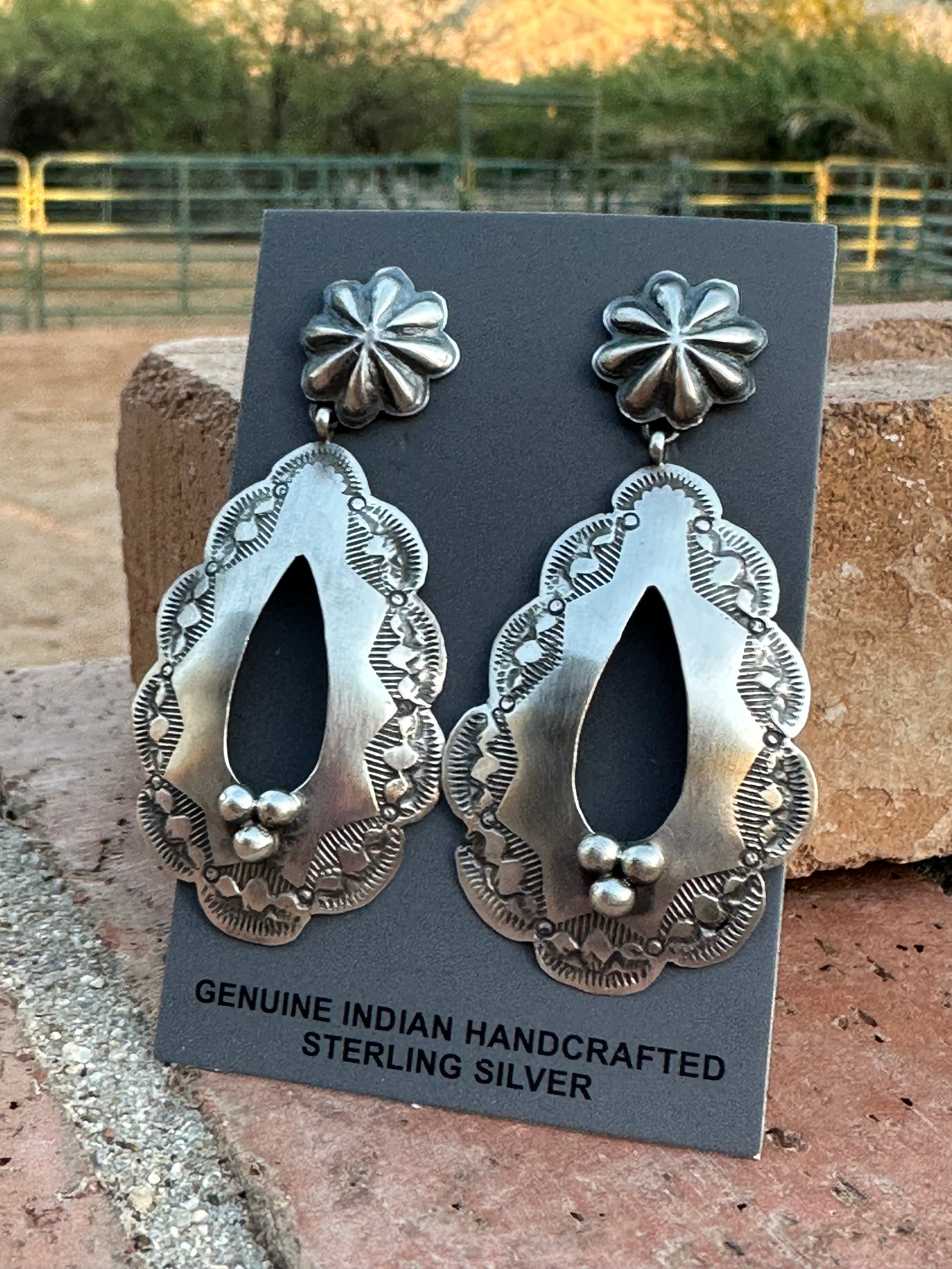 Rita Lee Navajo Hand Stamped Sterling Silver Concho Dangle Earrings