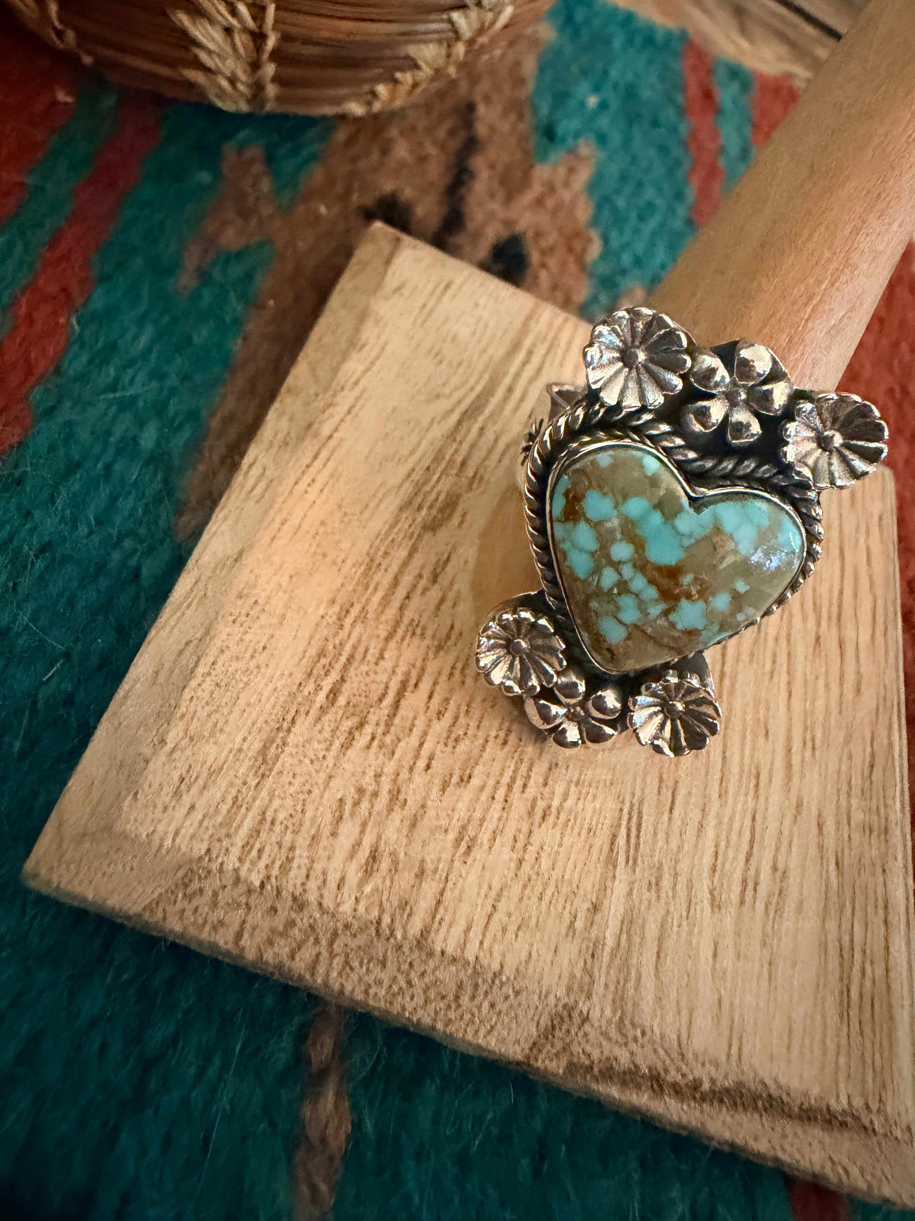 Handmade Sterling Silver Number 8 Turquoise Adjustable Heart Ring Signed Nizhoni