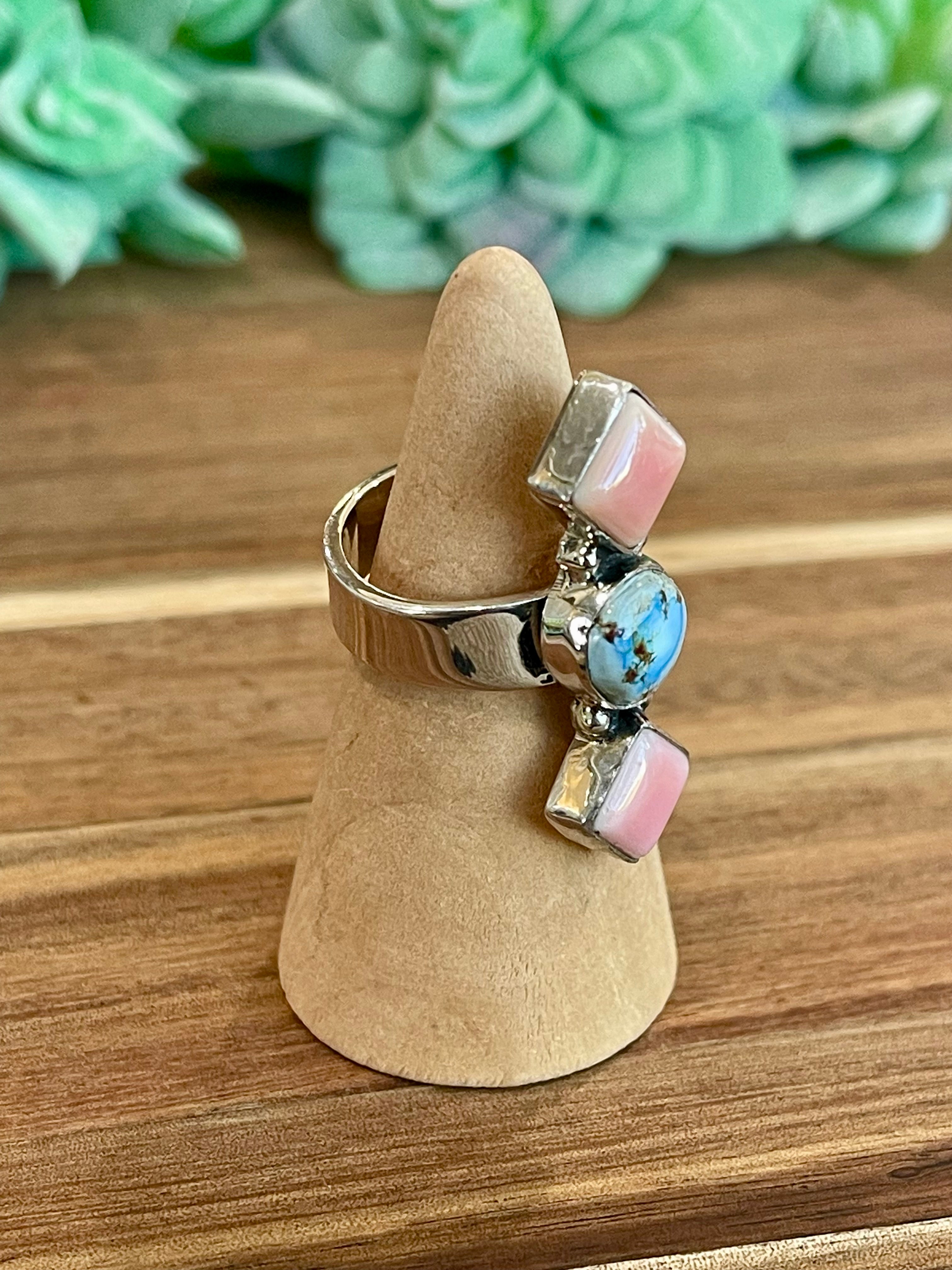 Beautiful Handmade Golden Hills Turquoise, Pink Conch And Sterling Silver Adjustable Ring