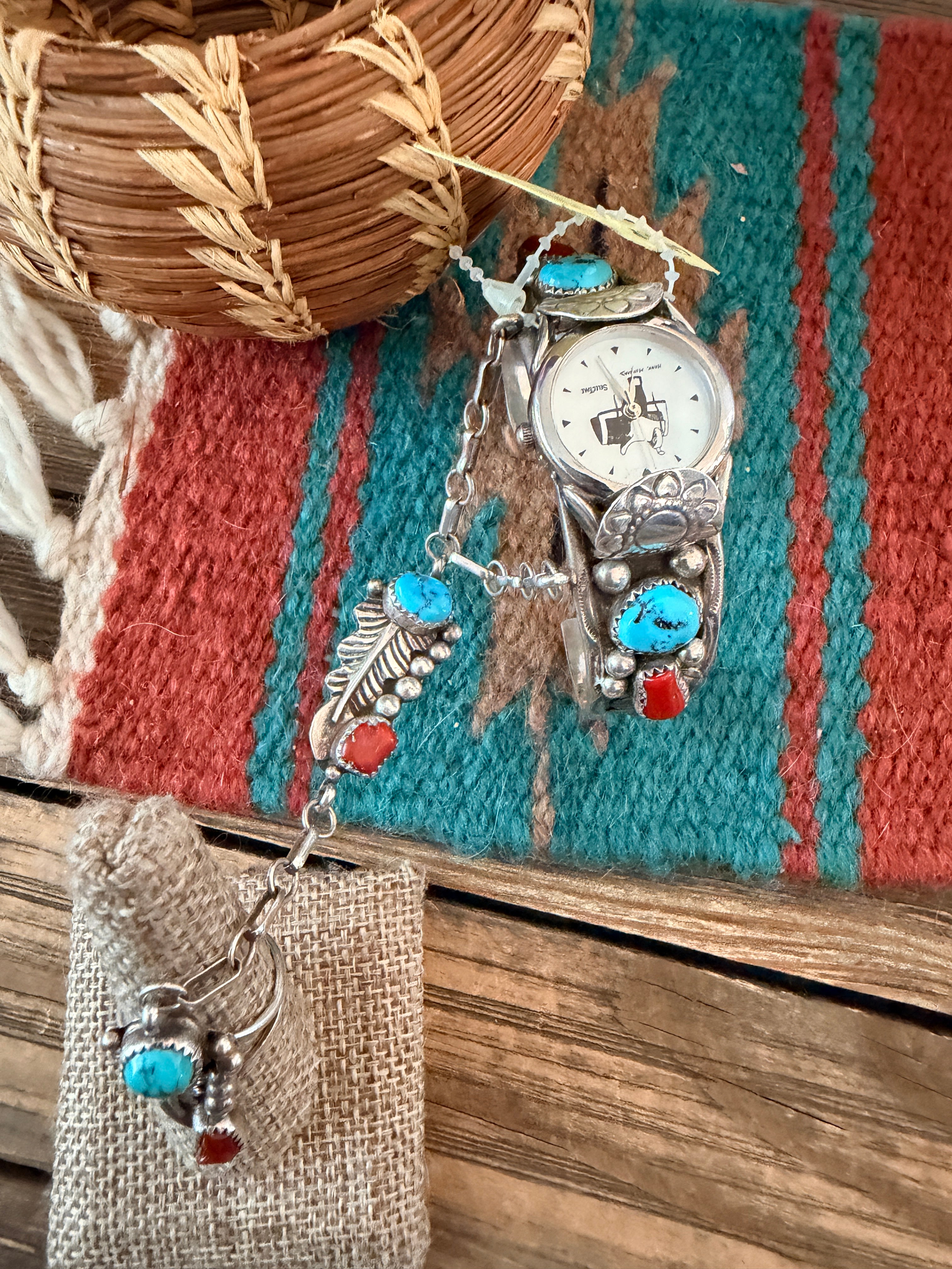 Handcrafted Old Pawn Turquoise, Coral & Sterling Silver Watch Cuff with Hand Chain