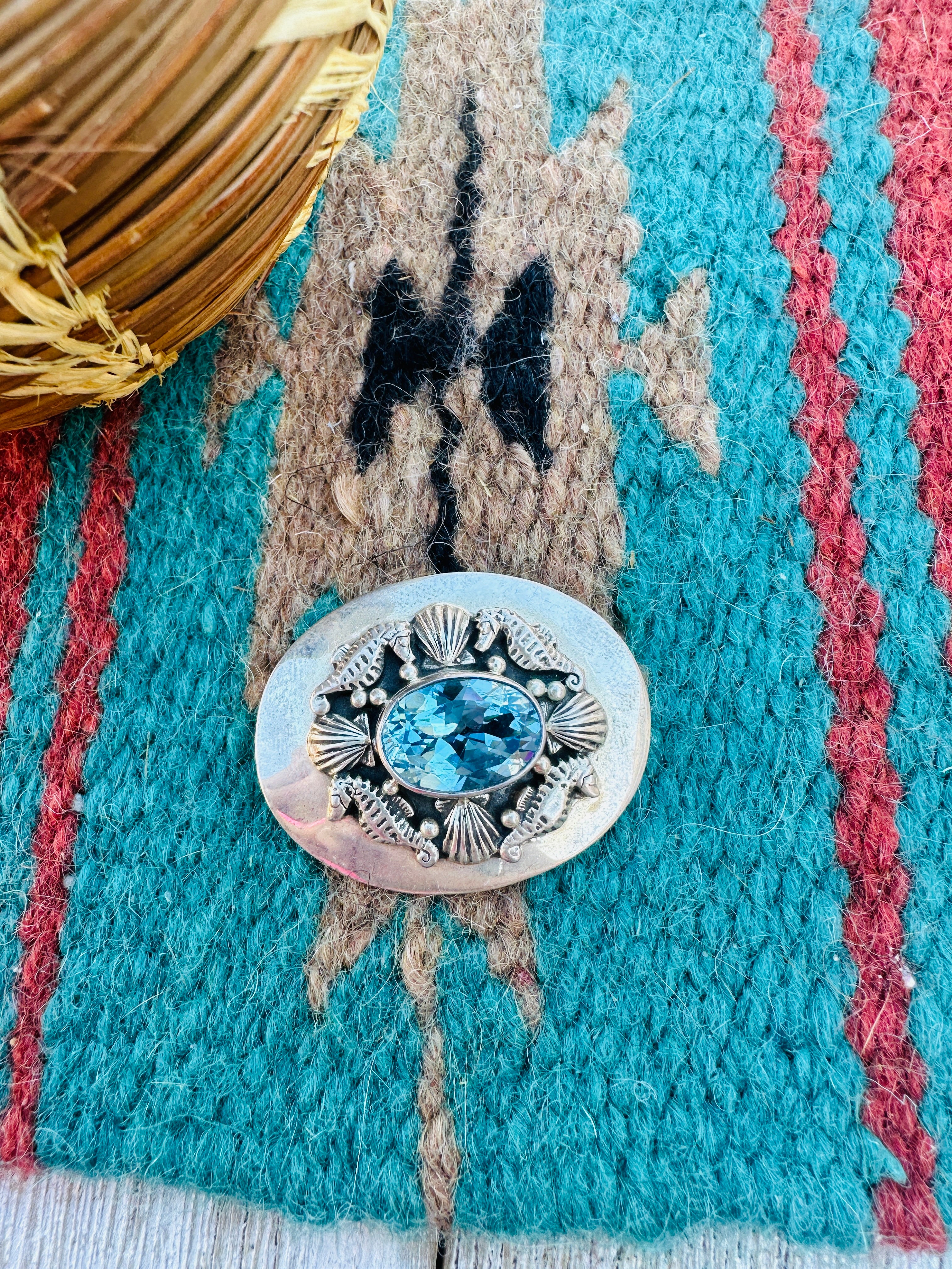 Handcrafted Old Pawn Sterling Silver & Topaz Seahorse Brooch