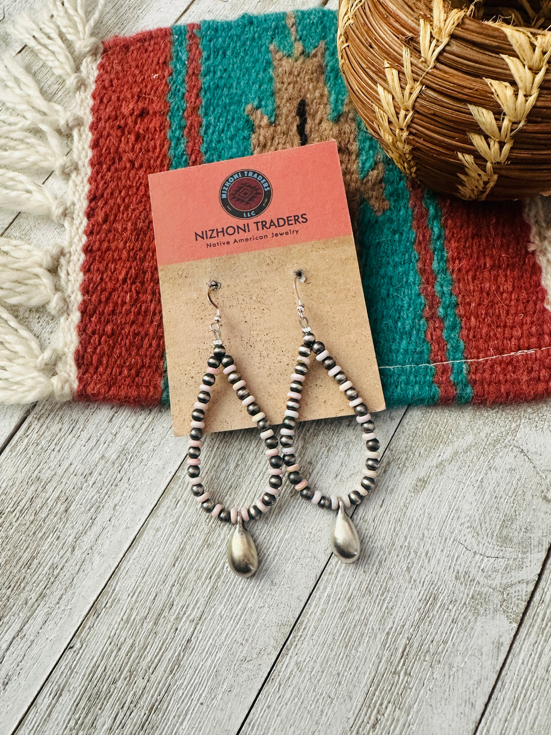 Handcrafted Queen Pink Conch & Sterling Silver Pearl Beaded Hoop Earrings