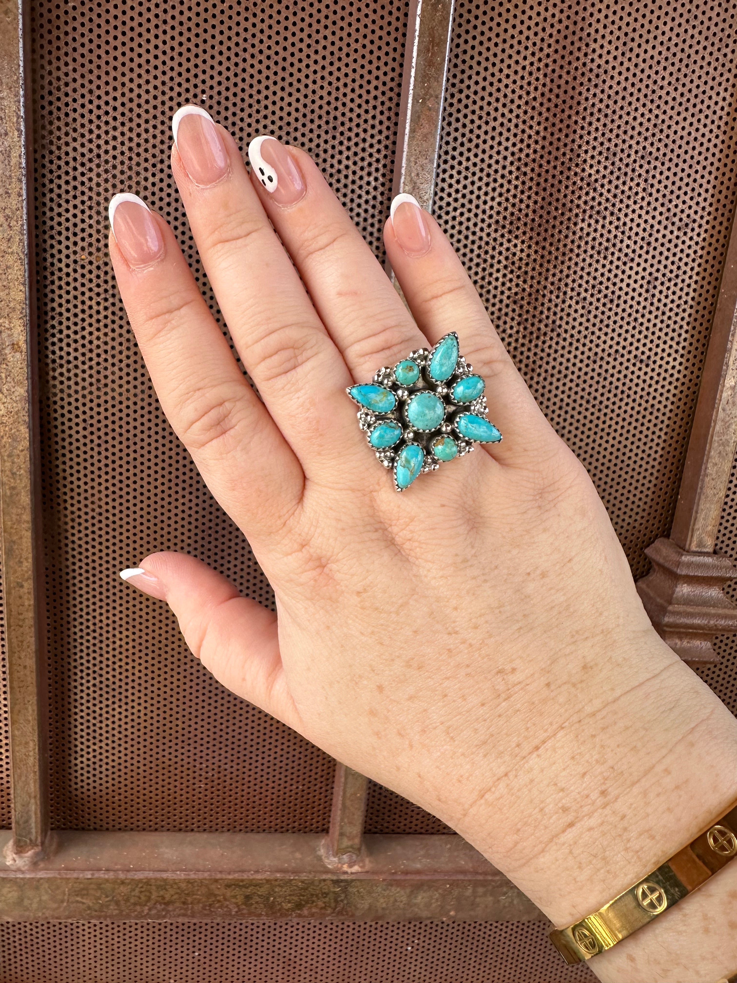 Handmade Turquoise And Sterling Silver Adjustable Cluster Ring