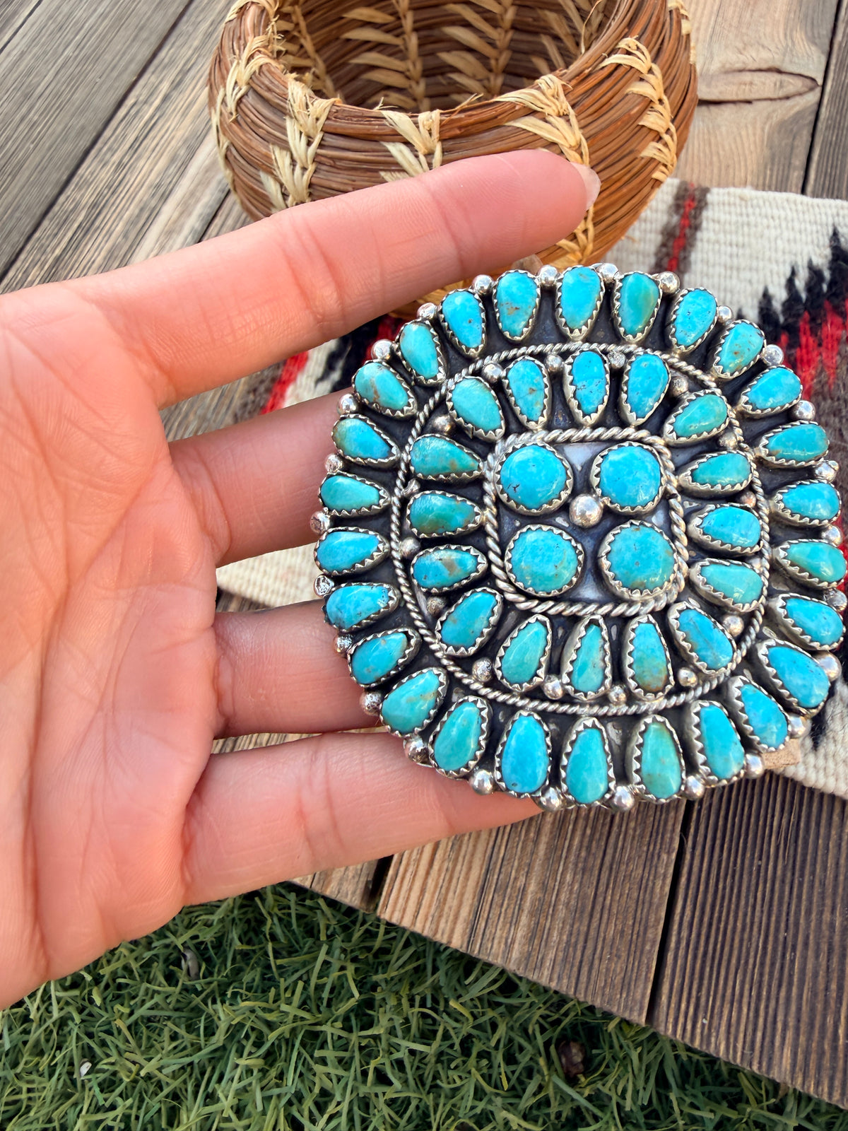 Handcrafted Turquoise & Sterling Silver Cluster Adjustable Ring by Eunice Wilson