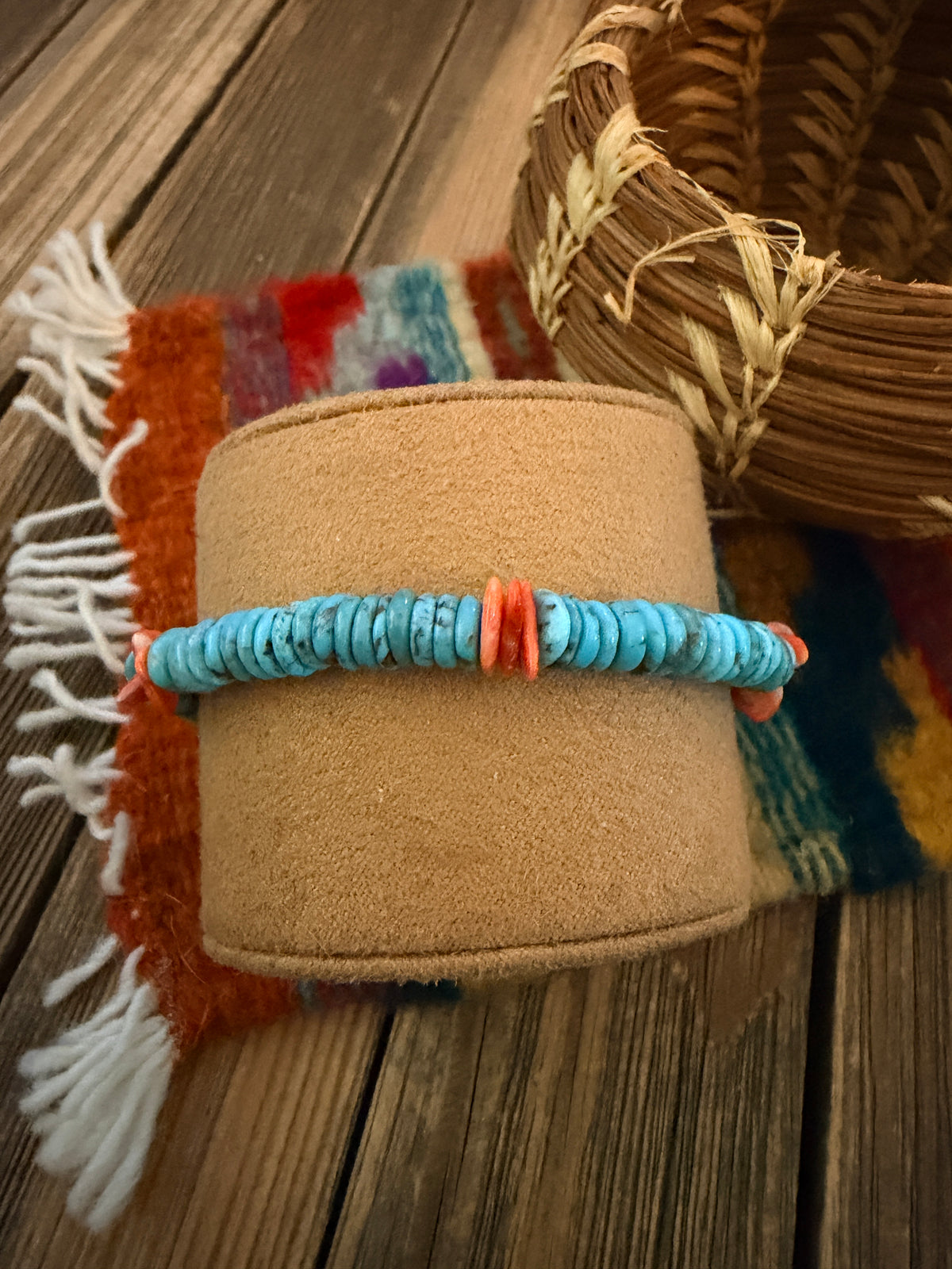 Handcrafted Turquoise and Spiny Oyster Beaded Stretch Bracelet