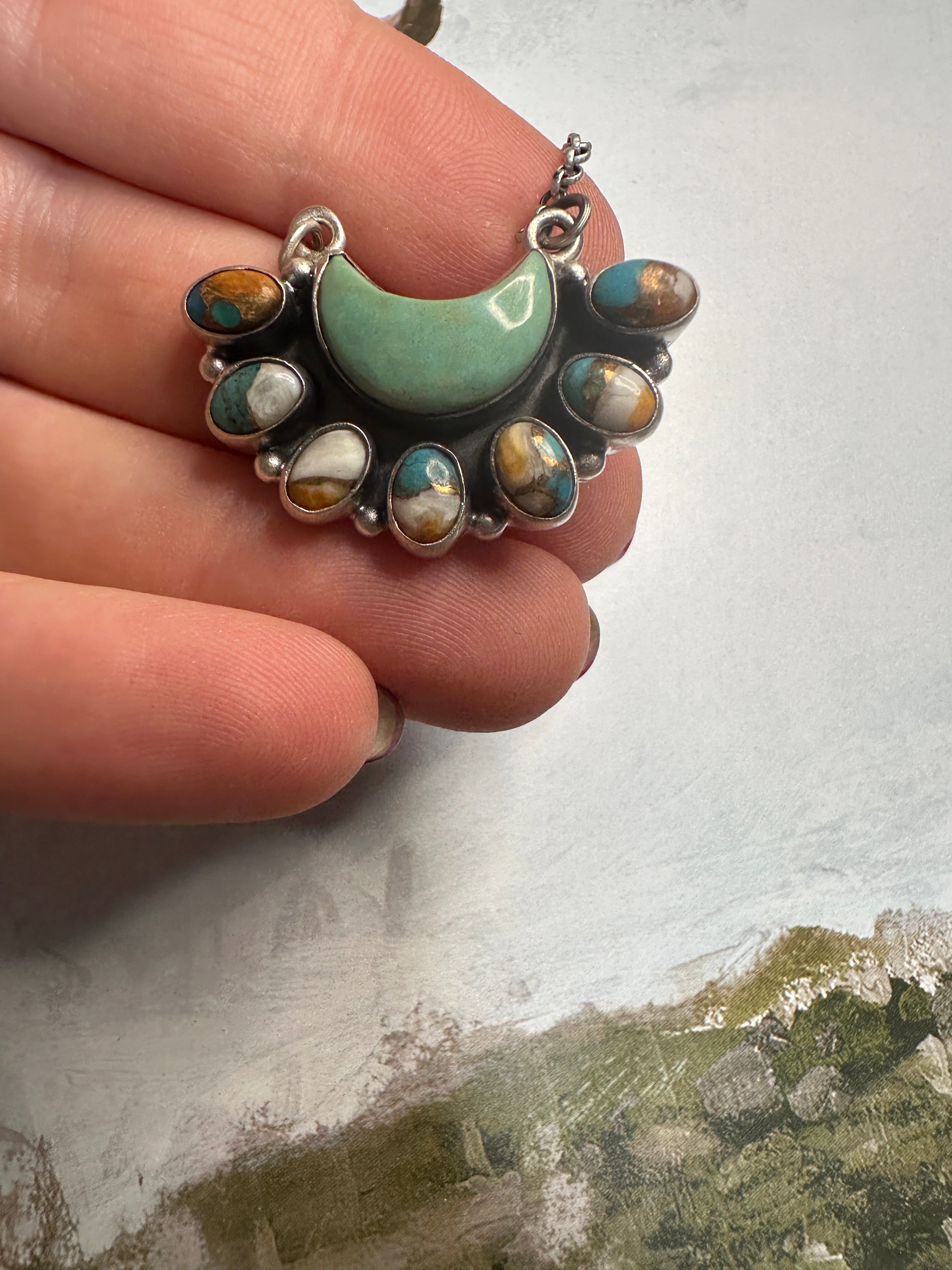 Beautiful Handmade Sterling Silver, Turquoise & Spice Moon Necklace