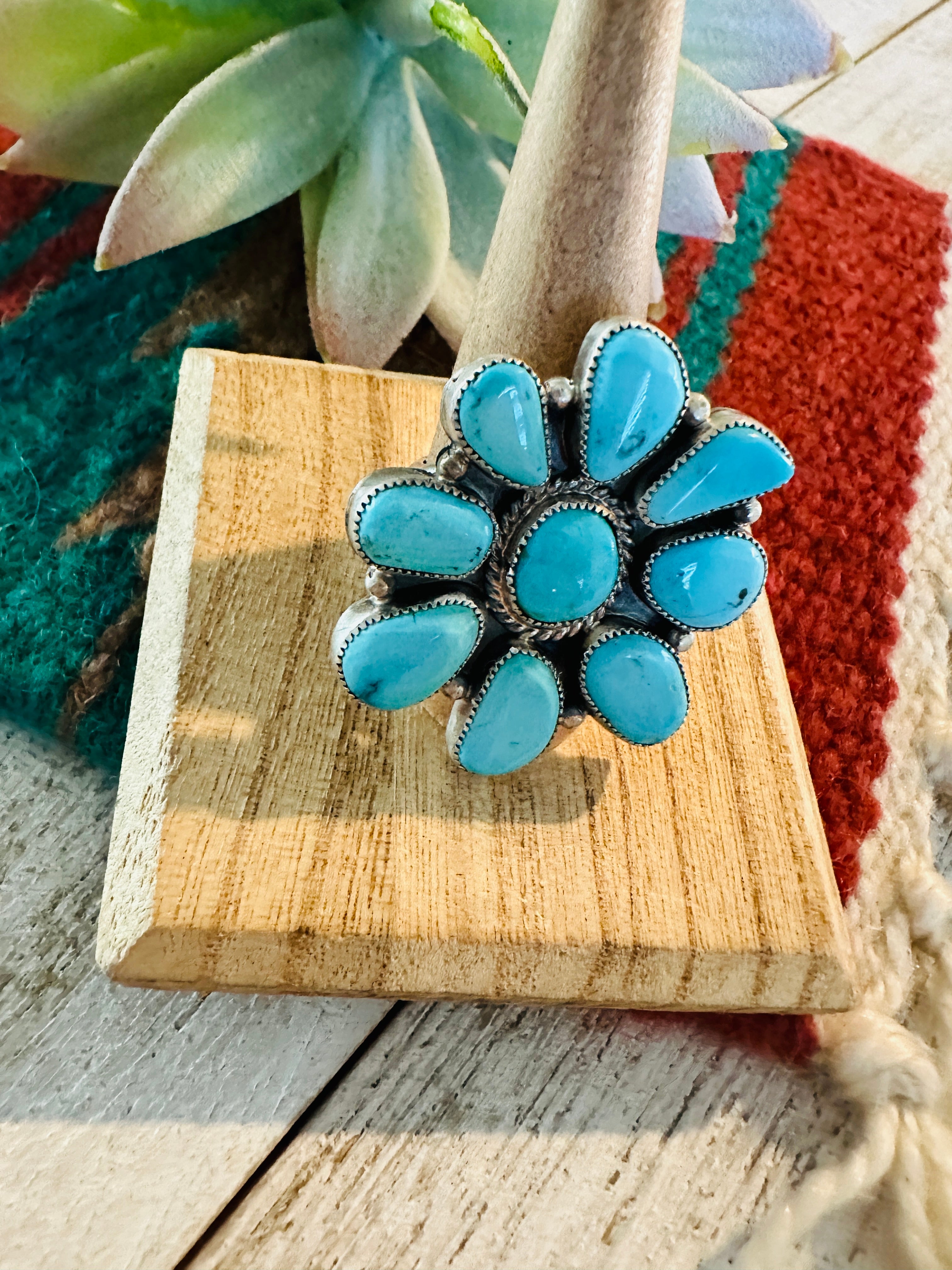 Navajo Turquoise & Sterling Silver Cluster Ring Size 10