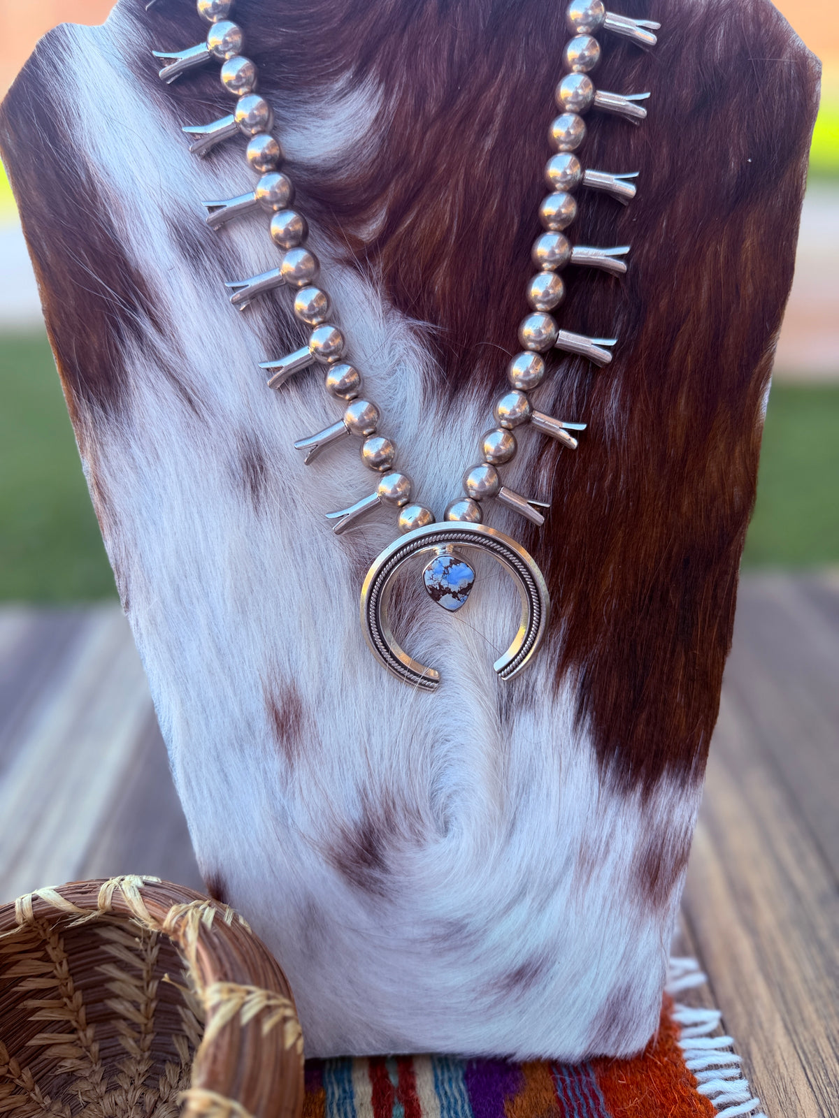 Handmade Sterling Silver and Golden Hills Turquoise Beaded Squash Blossom Necklace "Signed Nizhoni"