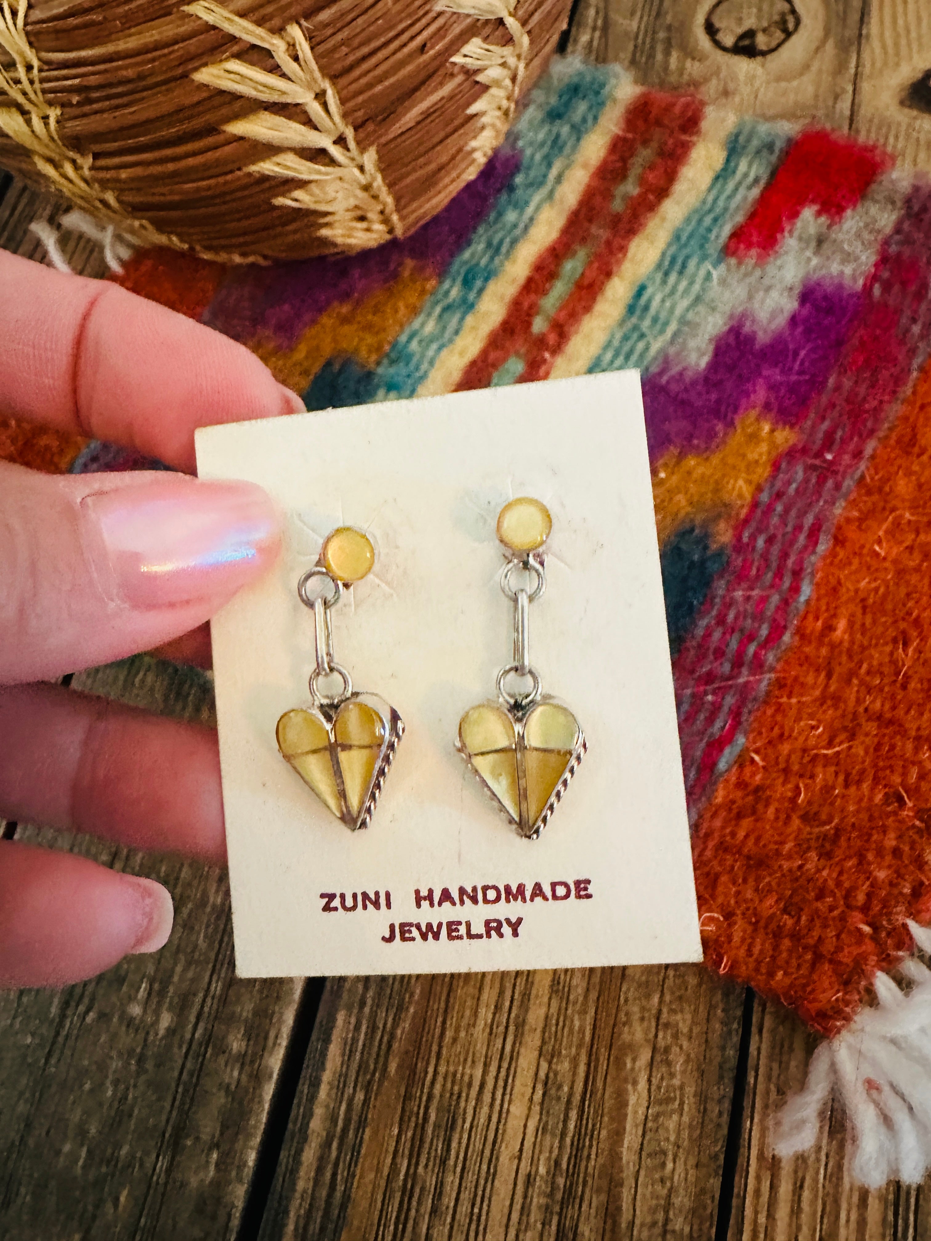 Handcrafted Mother of Pearl & Sterling Silver Heart Dangle Earrings