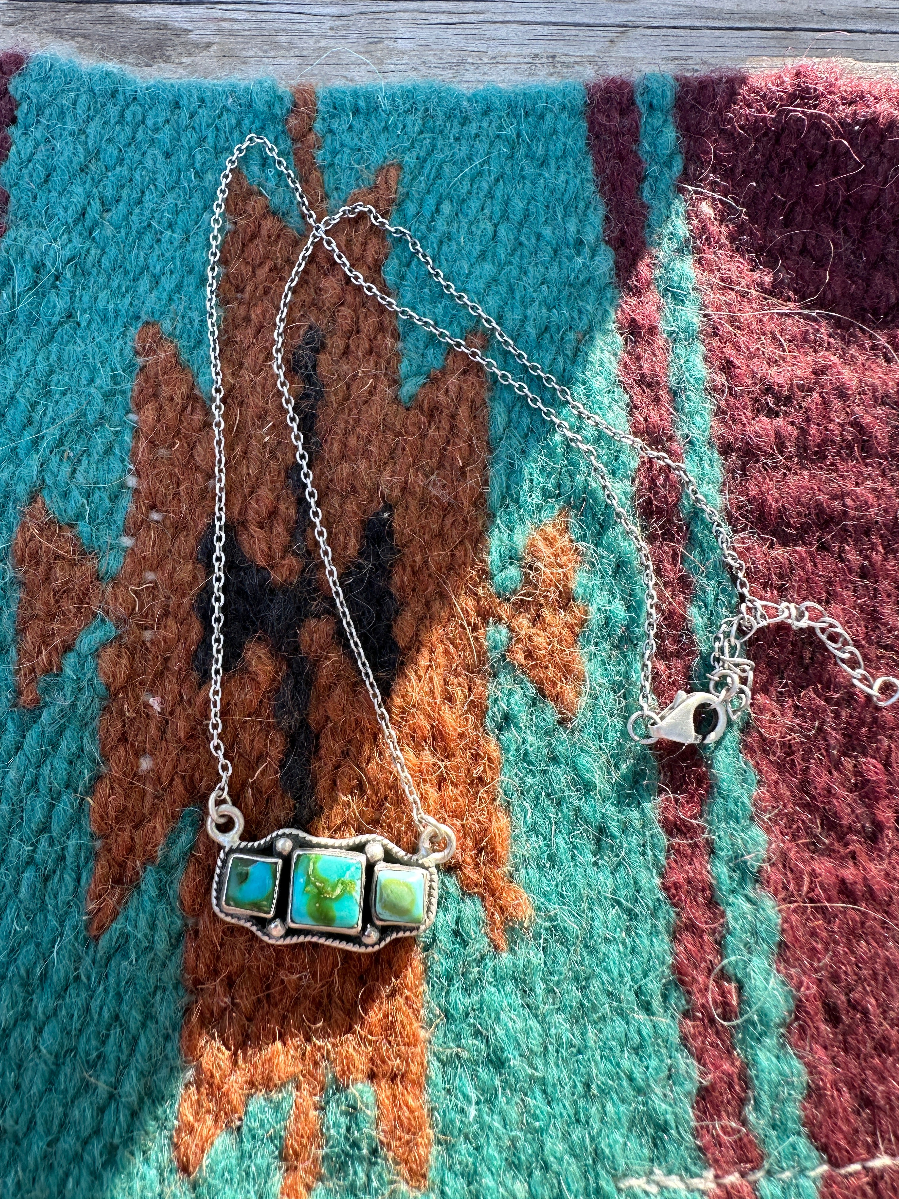 Beautiful Handmade Sterling Silver & Sonoran Mountain Turquoise 3 Stone Bar Necklace