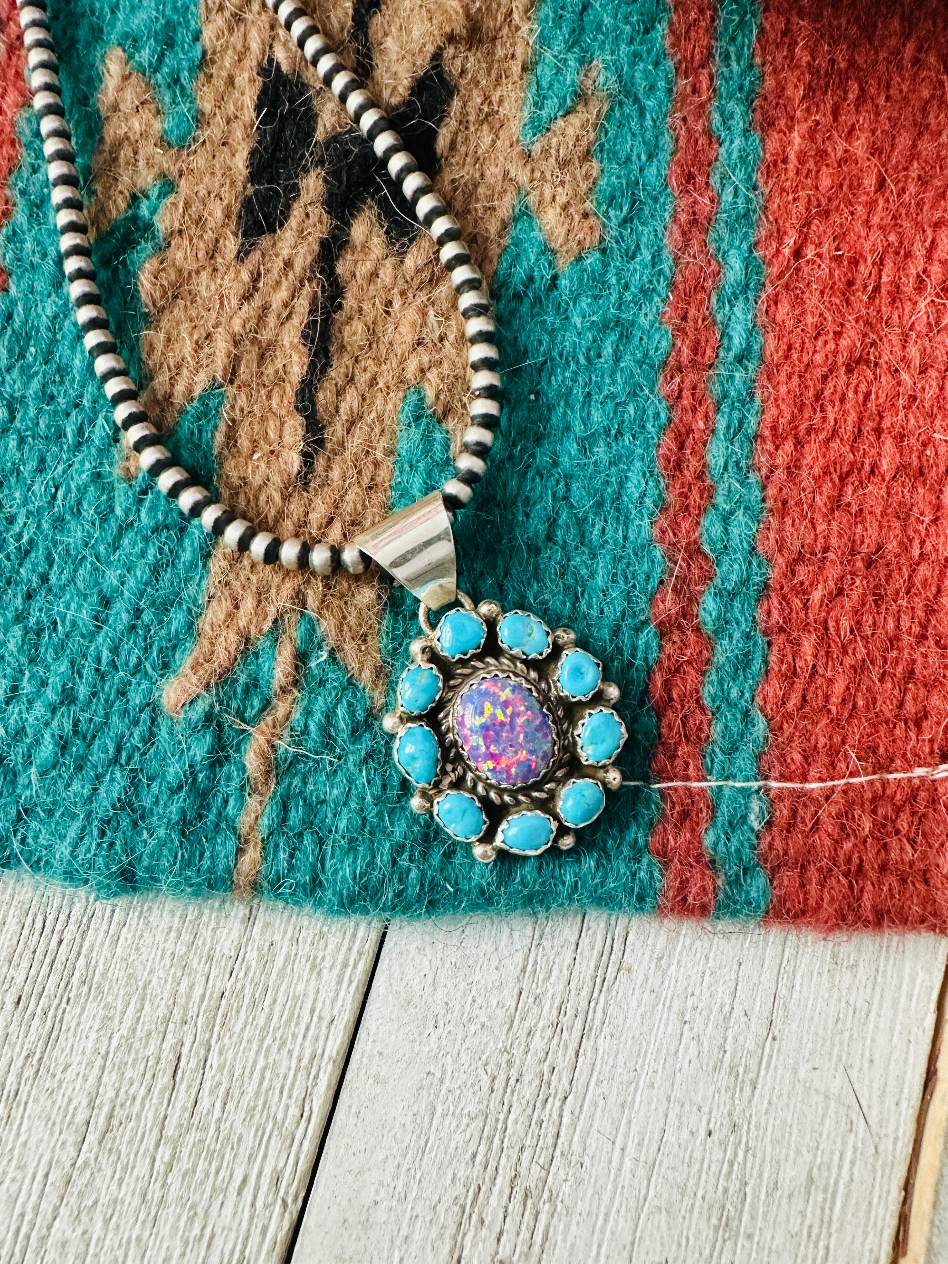 Navajo Turquoise, Opal & Sterling Silver Cluster Pendant