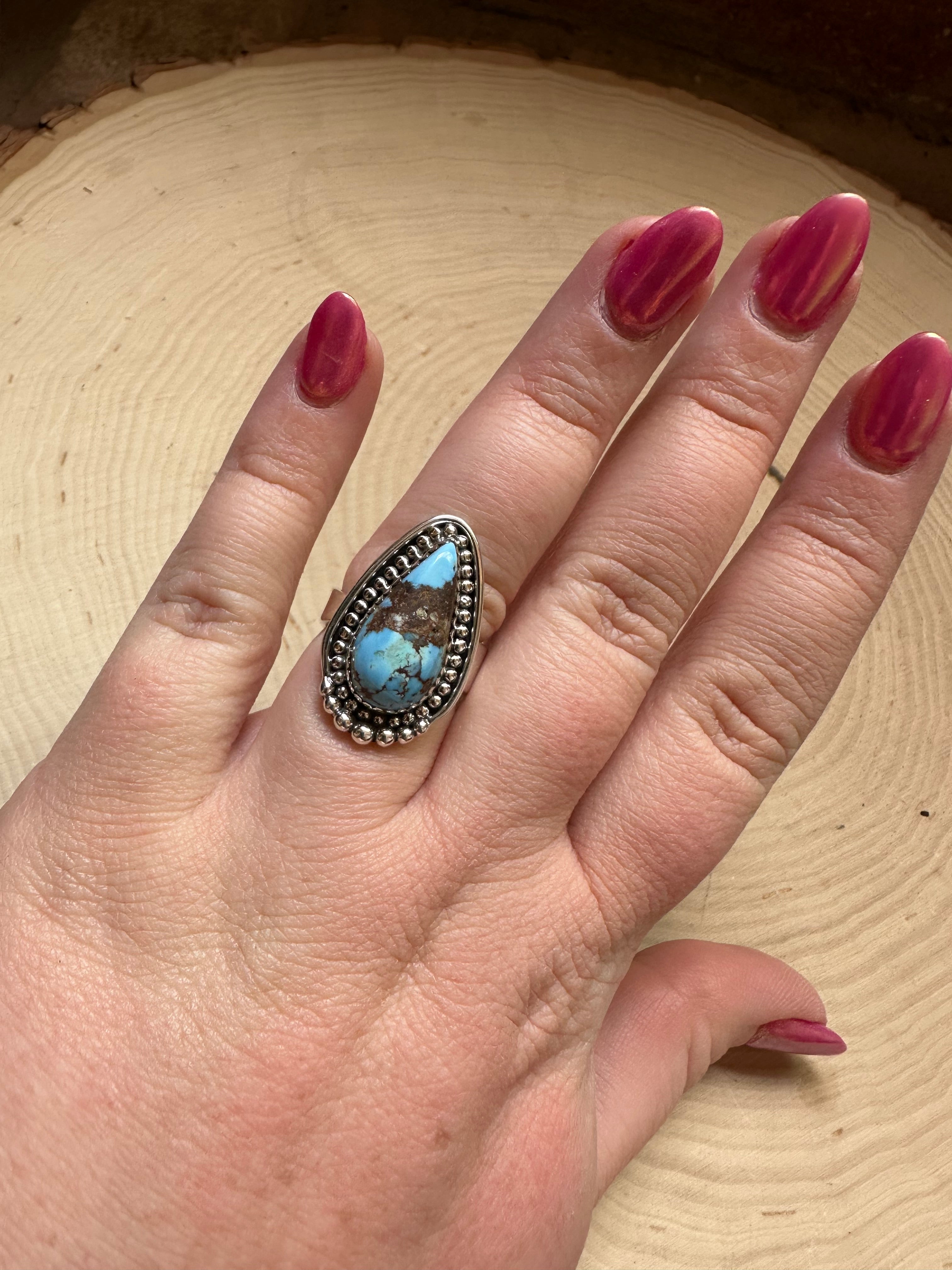 Handmade Golden Hills Turquoise & Sterling Silver Single Stone Adjustable Ring Signed Nizhoni