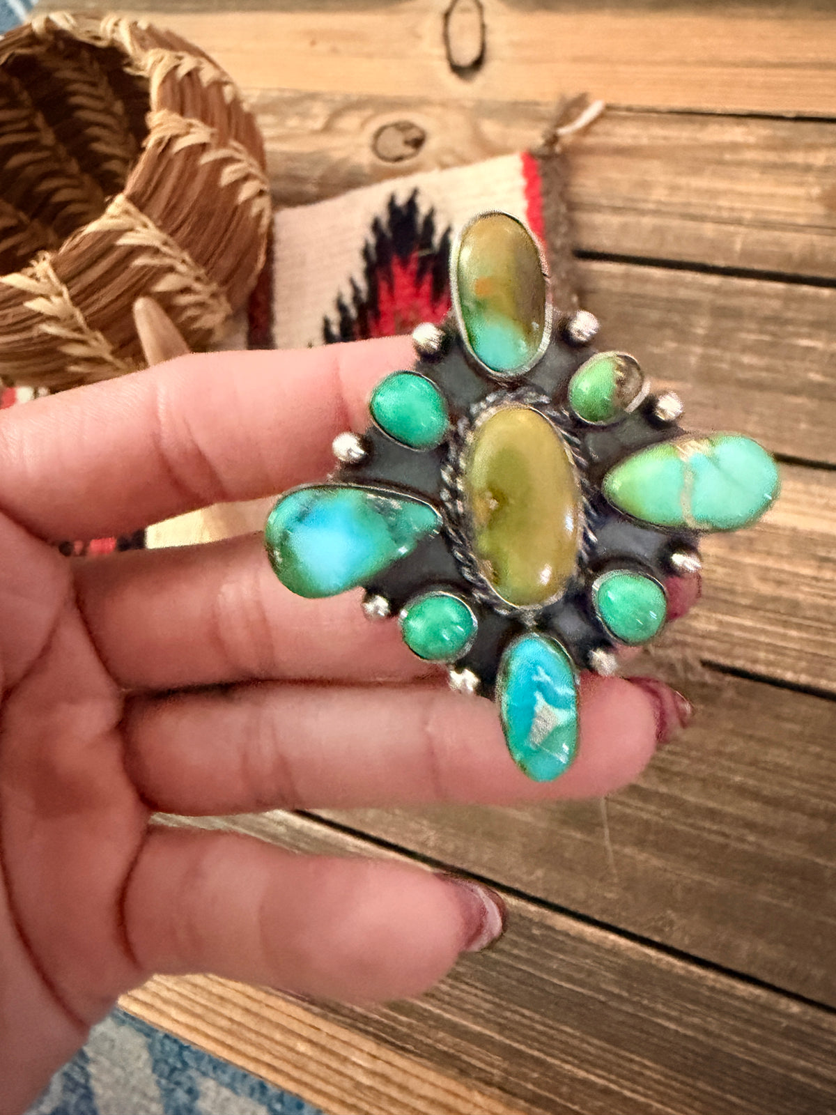 Handcrafted Turquoise & Sterling Silver Cluster Adjustable Ring