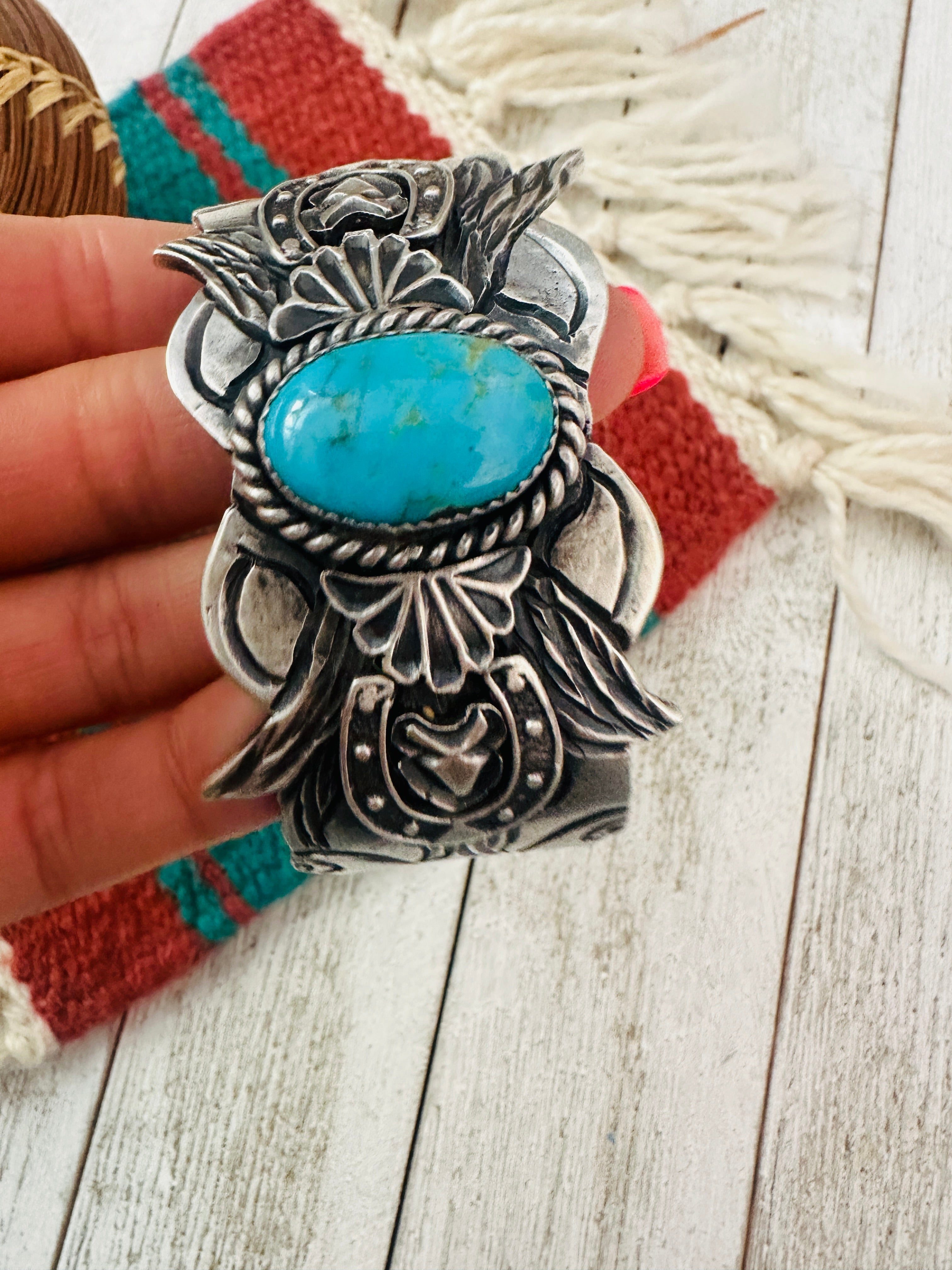 Navajo Turquoise & Sterling Silver Horse Cuff Bracelet by Kevin Billah