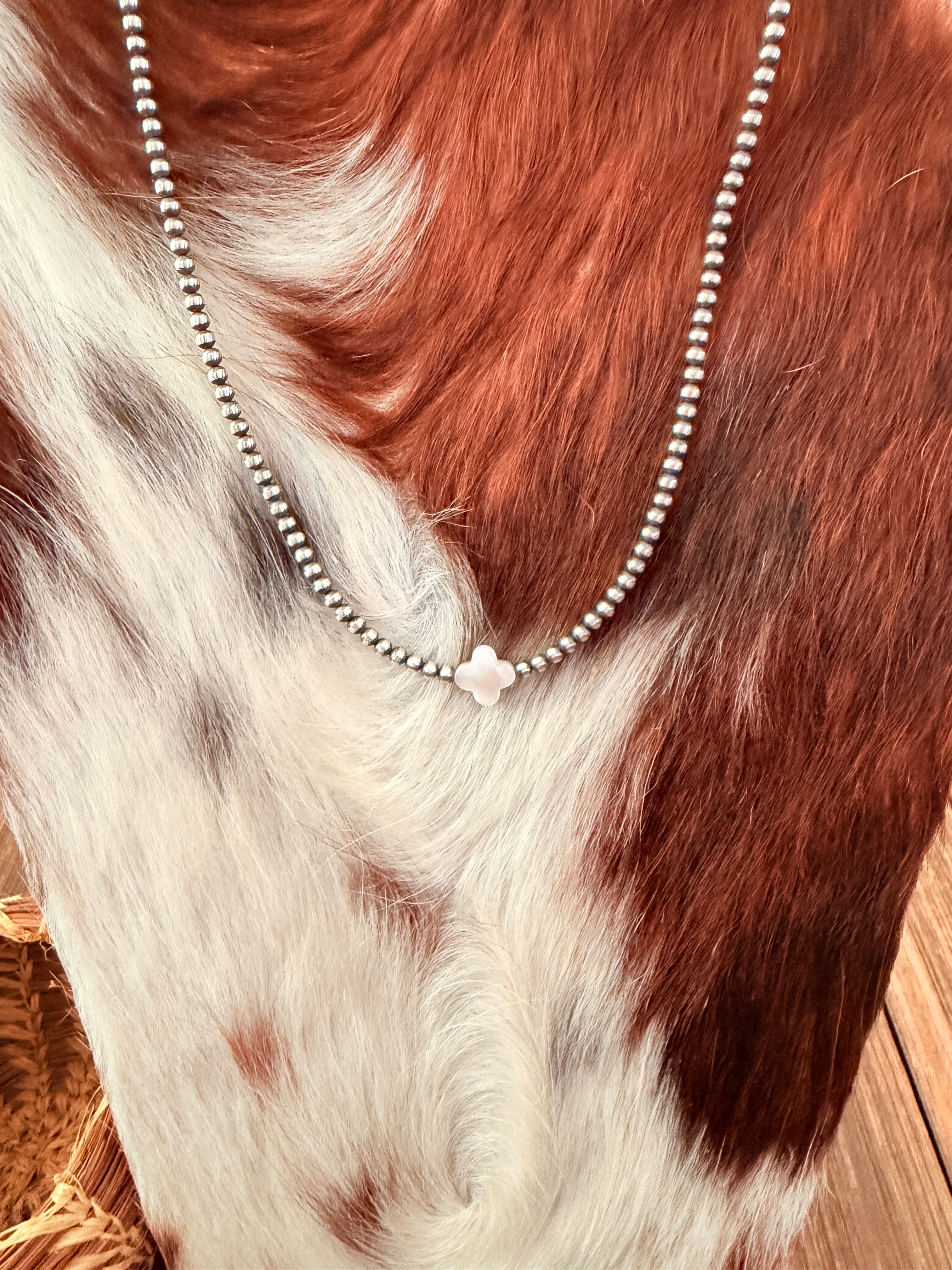 Handcrafted Mother of Pearl and Sterling Silver Pearl Quatrefoil Beaded Necklace
