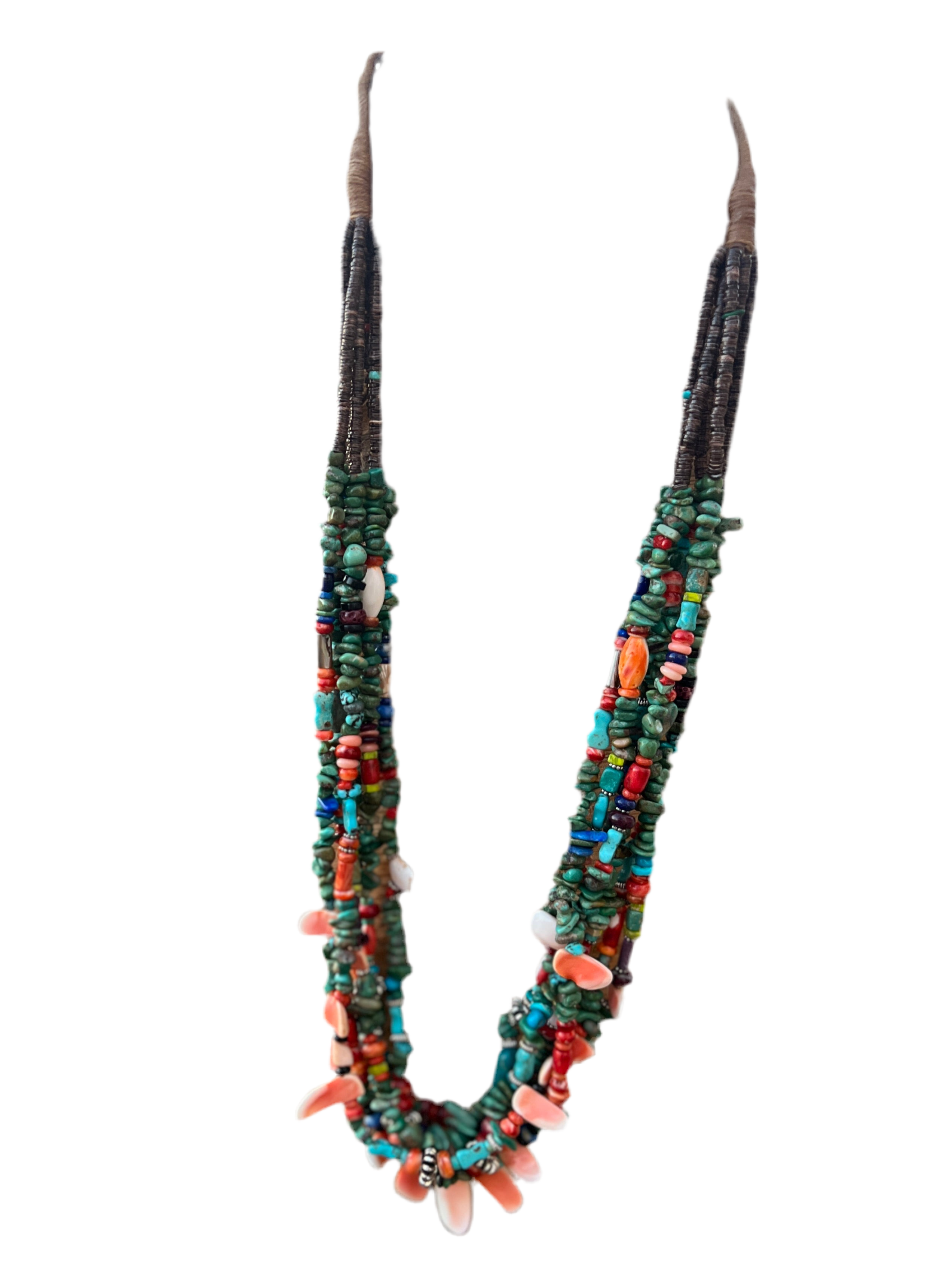 Gorgeous Santo Domingo Made Six Strand Turquoise and Spiny Oyster Beaded Squaw Wrap Necklace, Green