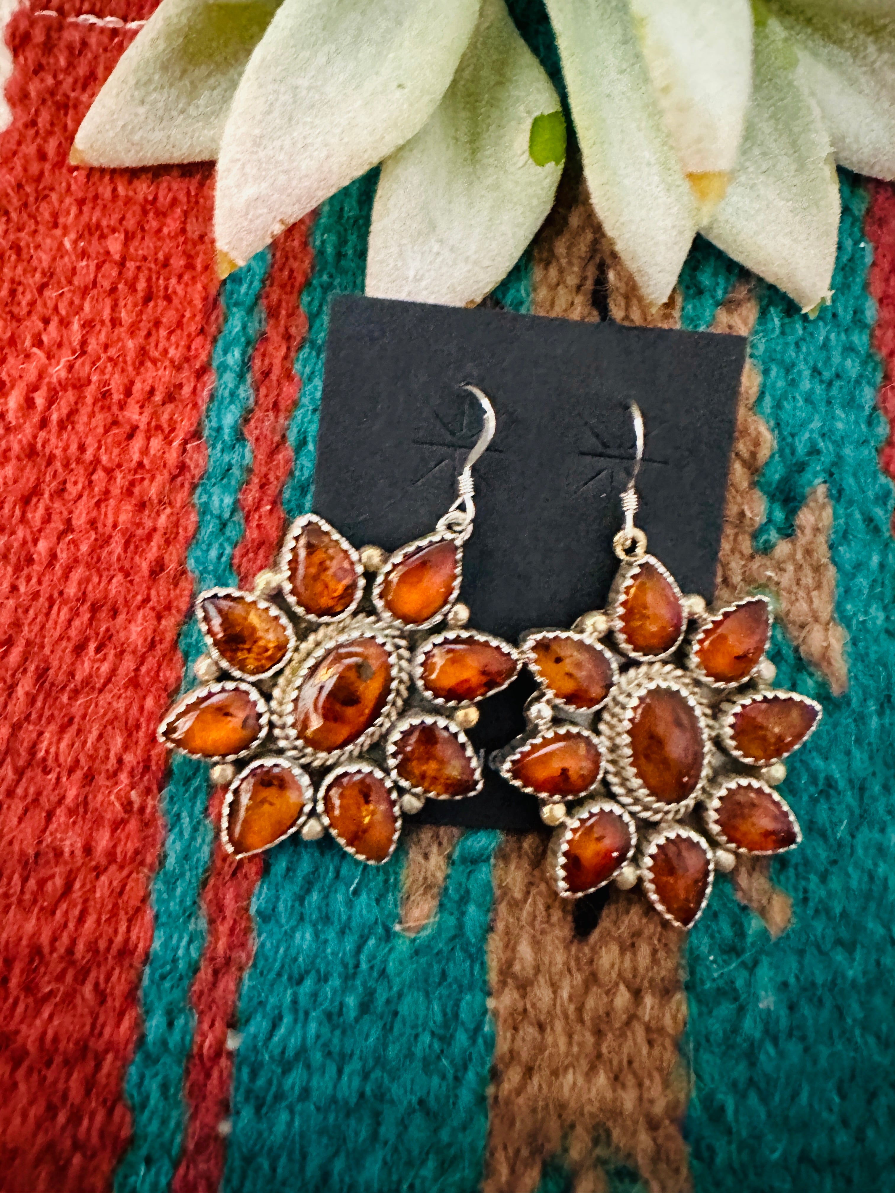 Navajo Amber & Sterling Silver Cluster Dangle Earrings