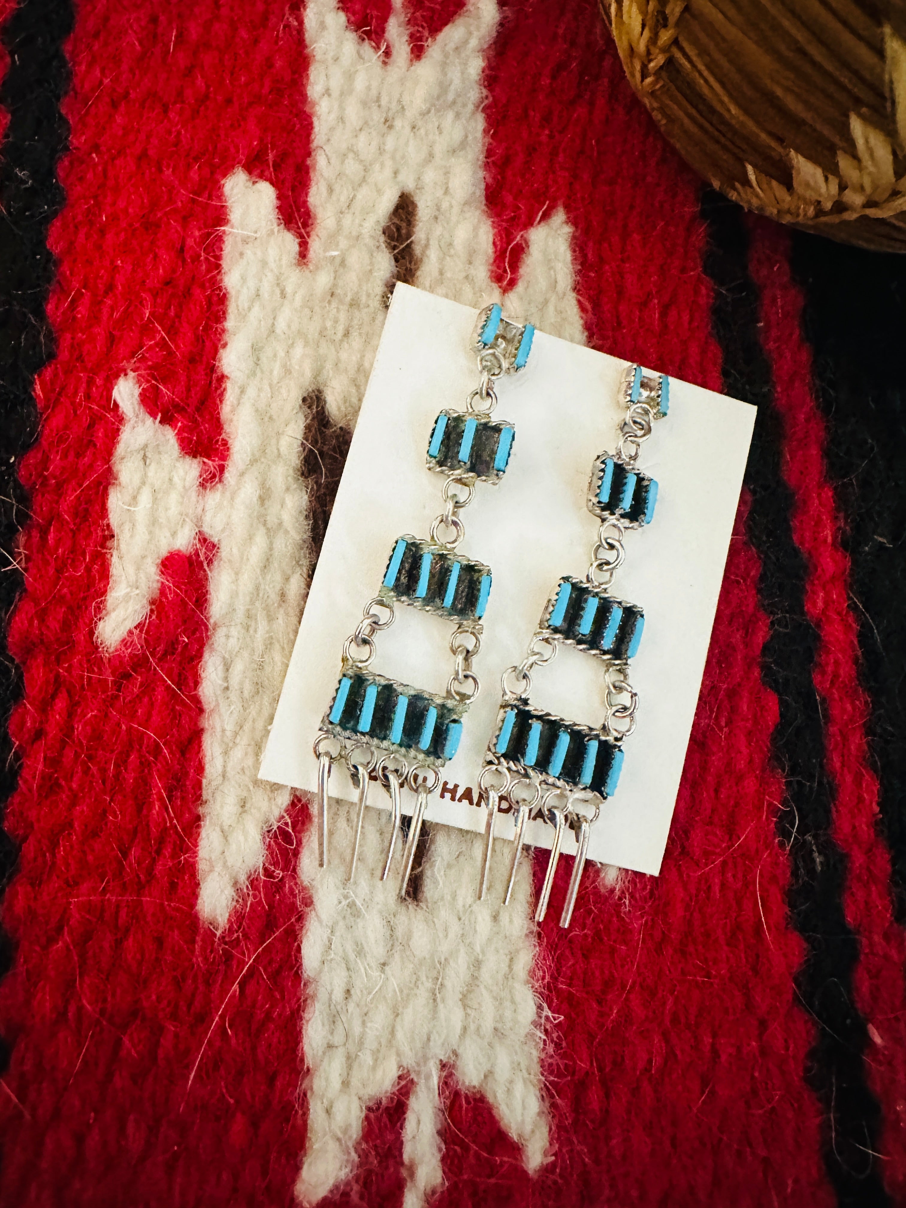 Zuni Turquoise & Sterling Silver Needlepoint Dangle Earrings