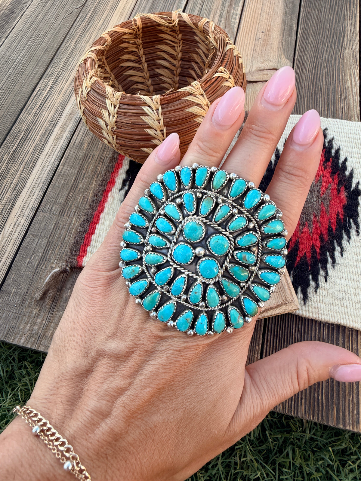 Handcrafted Turquoise & Sterling Silver Cluster Adjustable Ring by Eunice Wilson