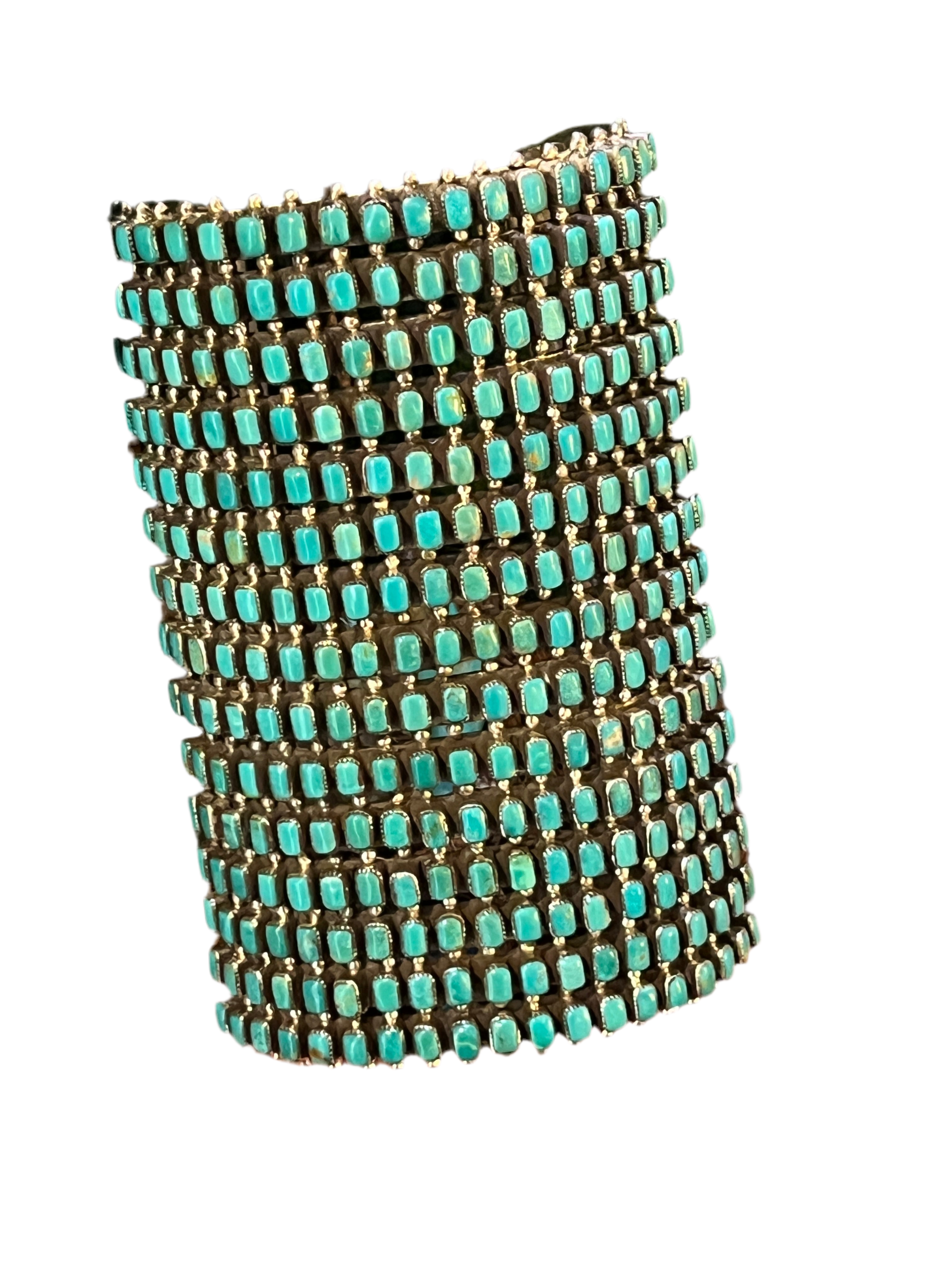 Handcrafted Epic Made 15 Row Sterling Silver and Turquoise Gauntlet Style Cuff Bracelet /