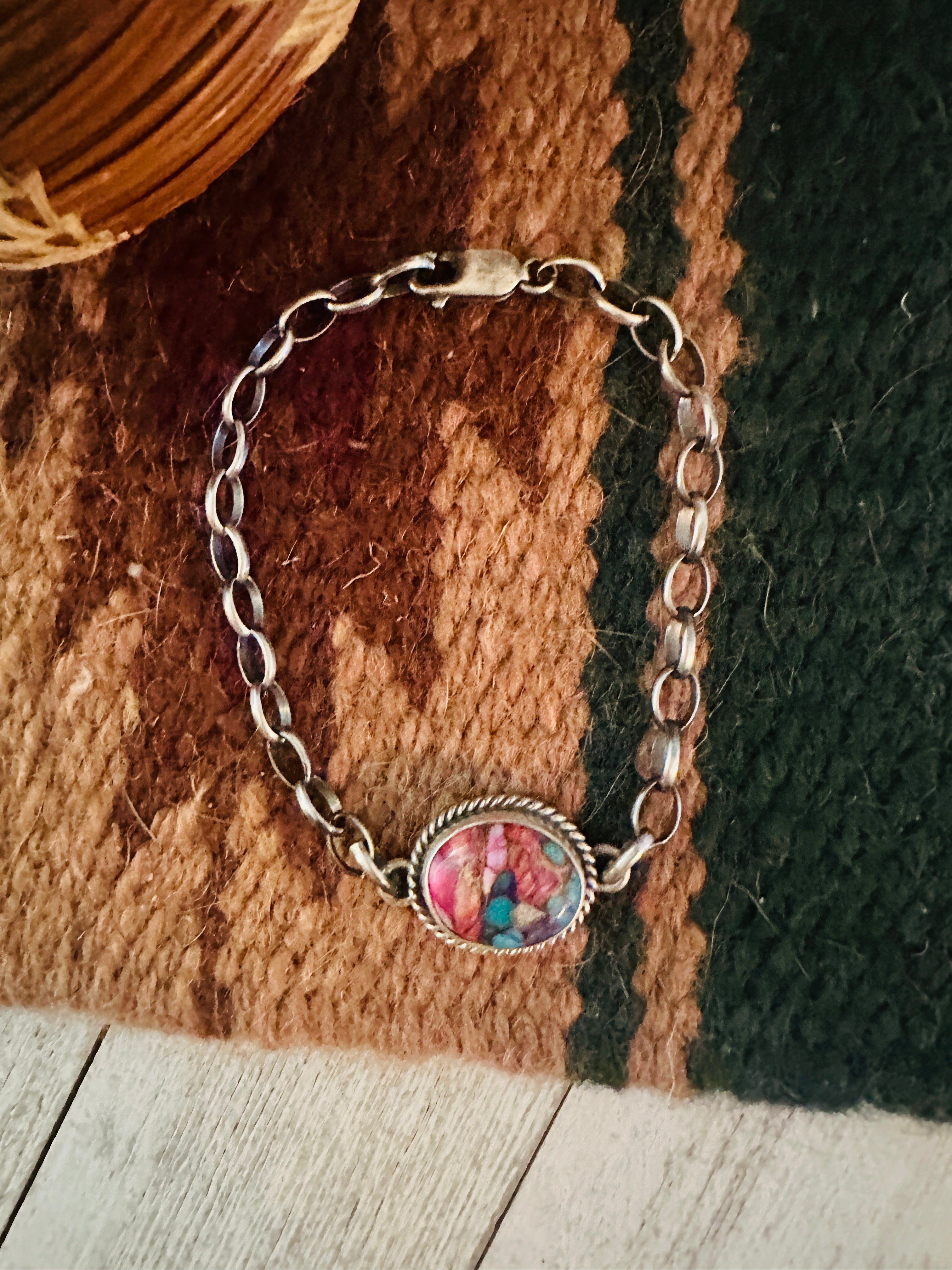 Navajo Pink Dream Mojave & Sterling Silver Link  Bracelet