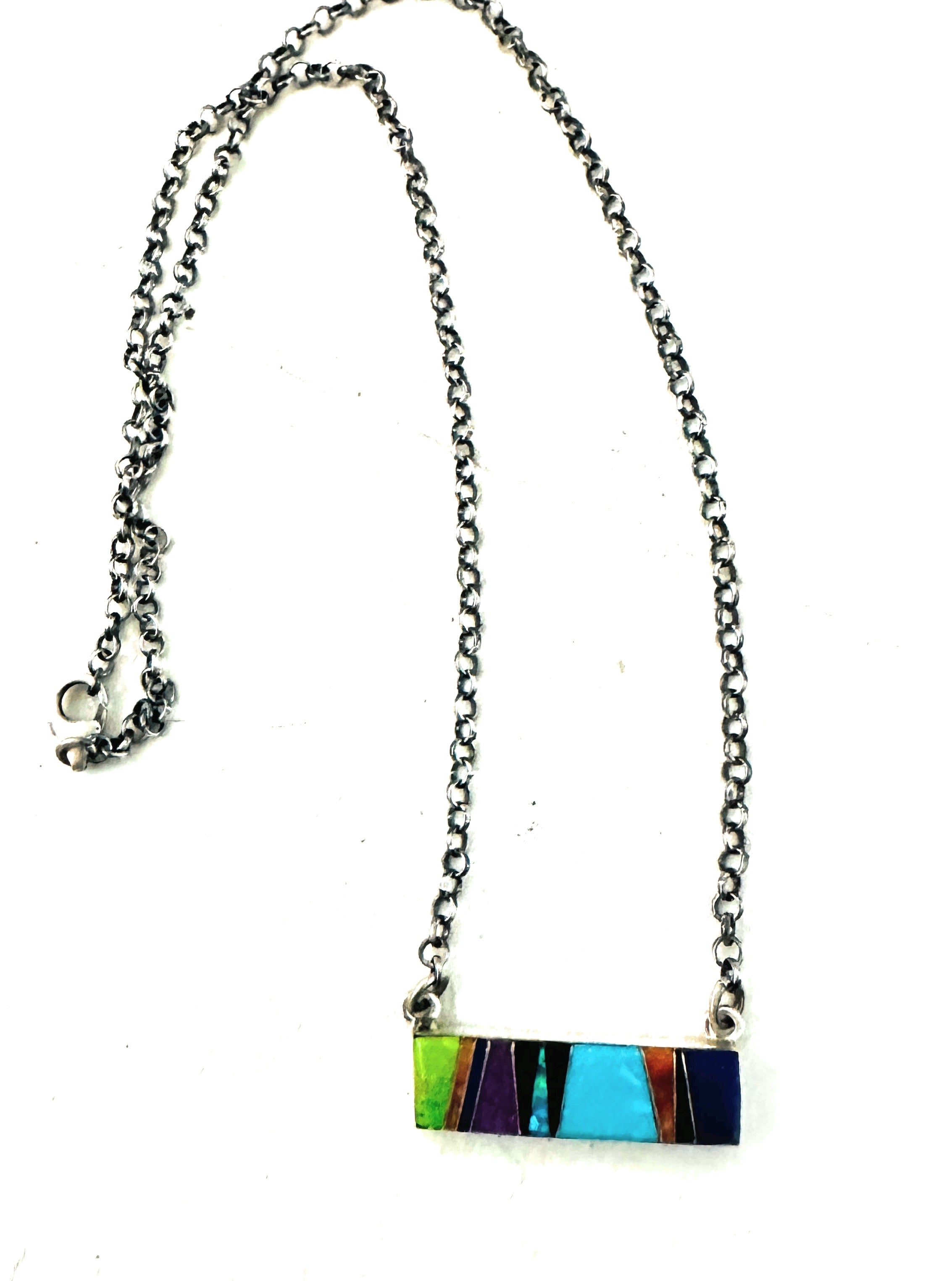 Navajo Multi Stone & Sterling Silver Inlay Bar Necklace