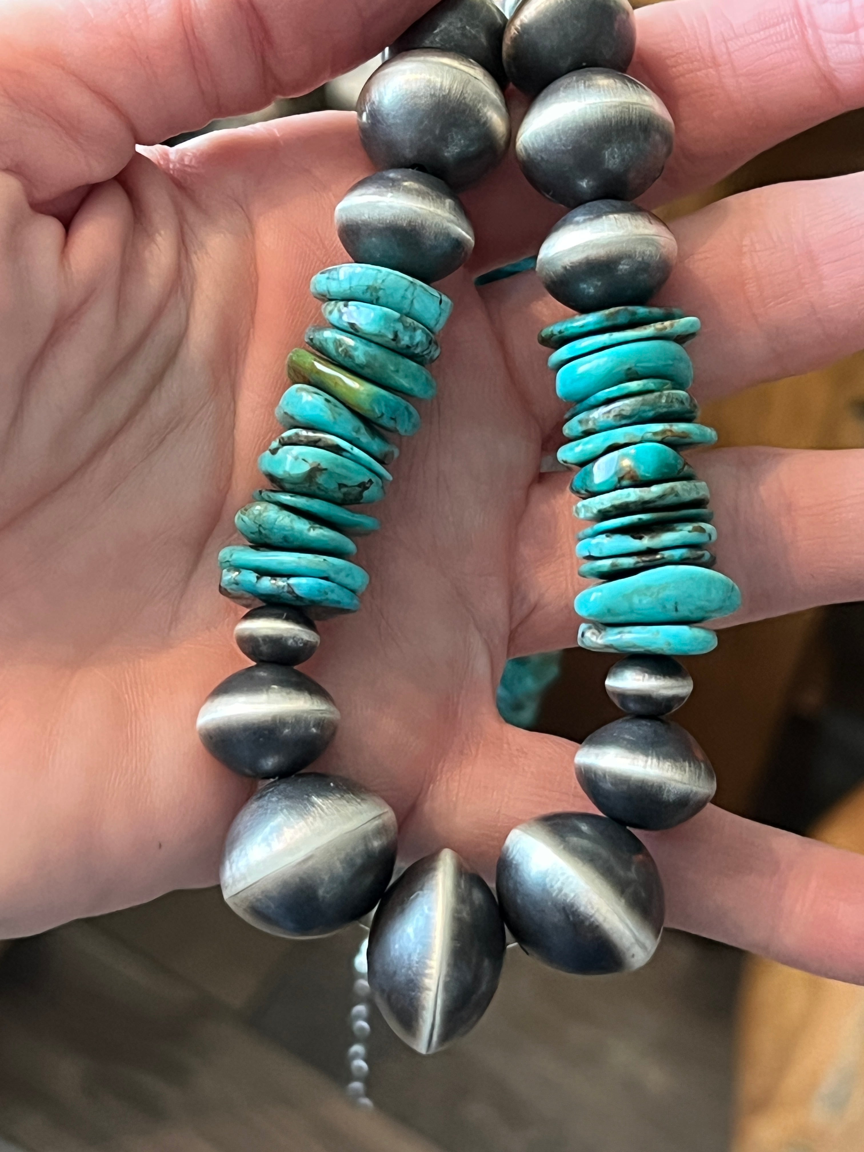 Handcrafted Sterling Silver and Kingman Turquoise Beaded Necklace by Rose Martin, 31 + 1-1/2 inches