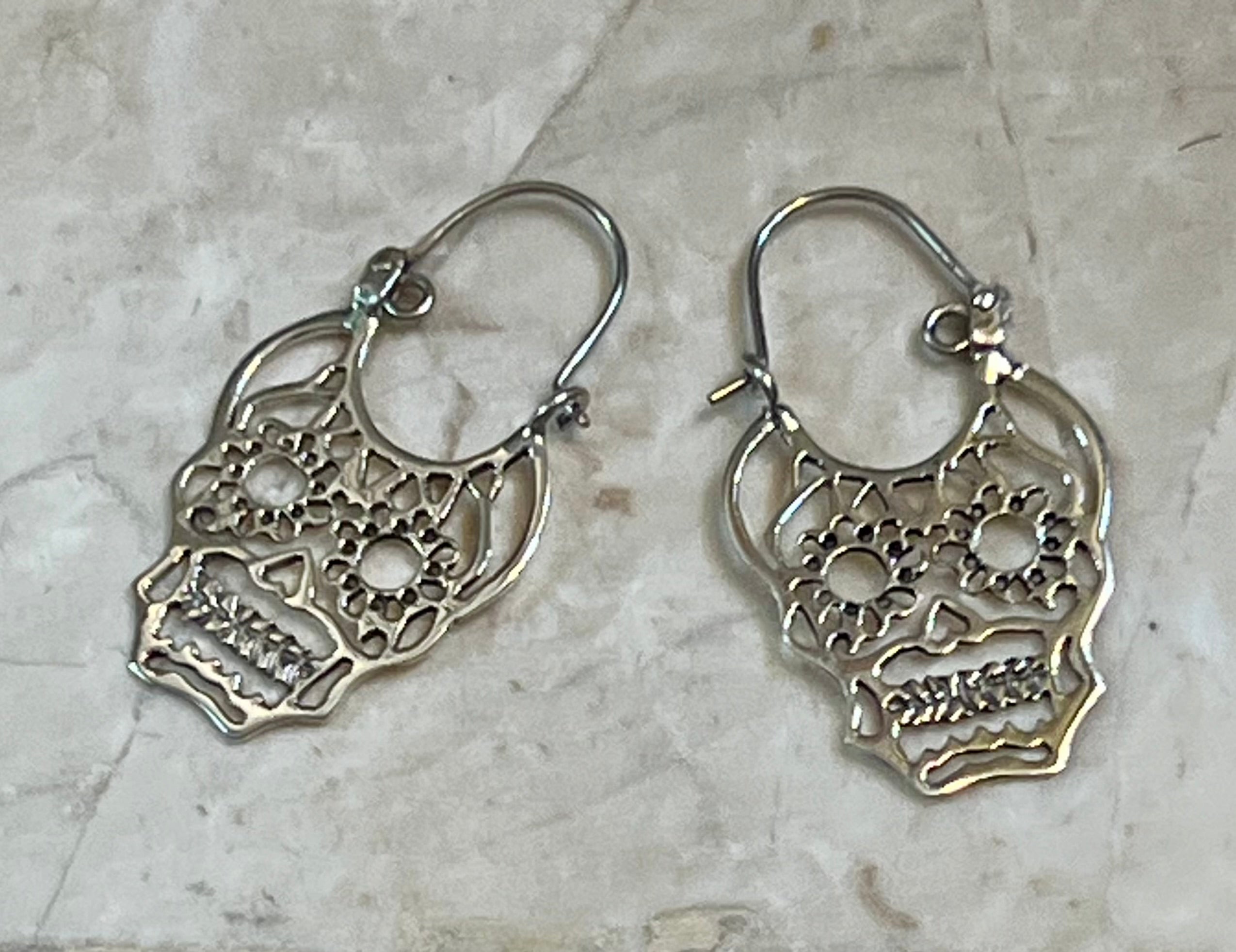 Sugar Skull Face Sterling Silver Earrings on Hoop Hook