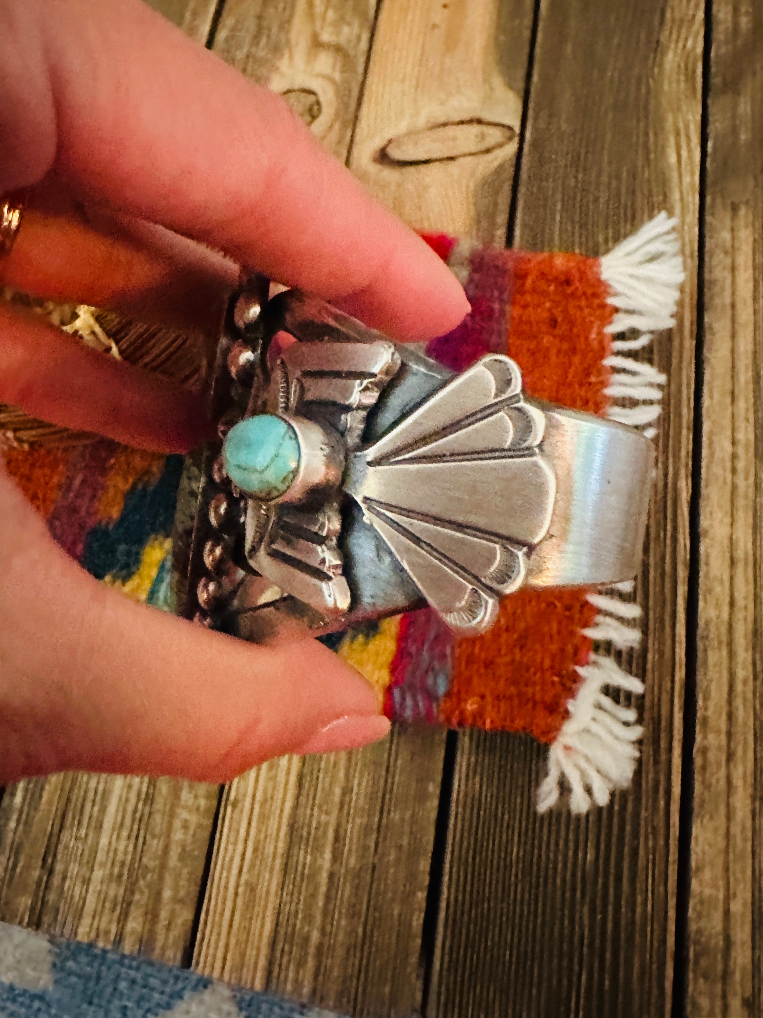 Handcrafted Sterling Silver & Number 8  Turquoise Thunderbird Cuff Bracelet by Chimney Butte