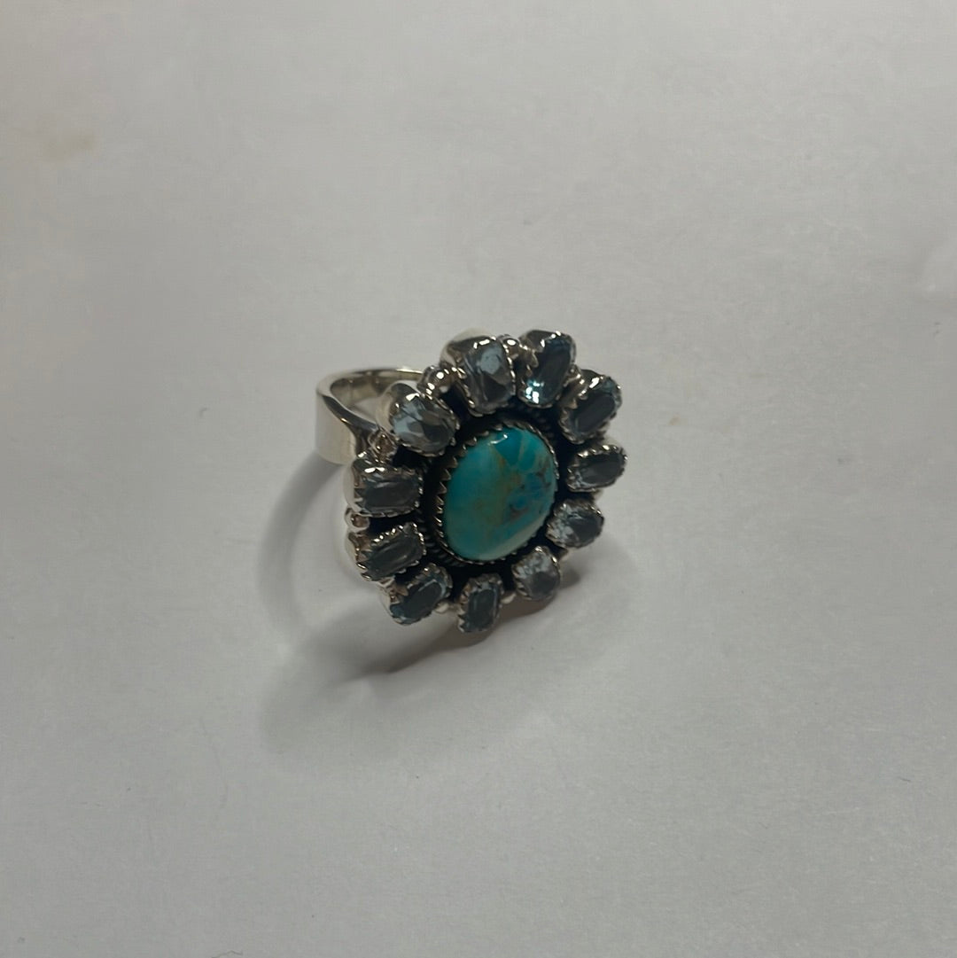 Nizhoni Handmade Turquoise & Blue Topaz Sterling Silver Adjustable Ring