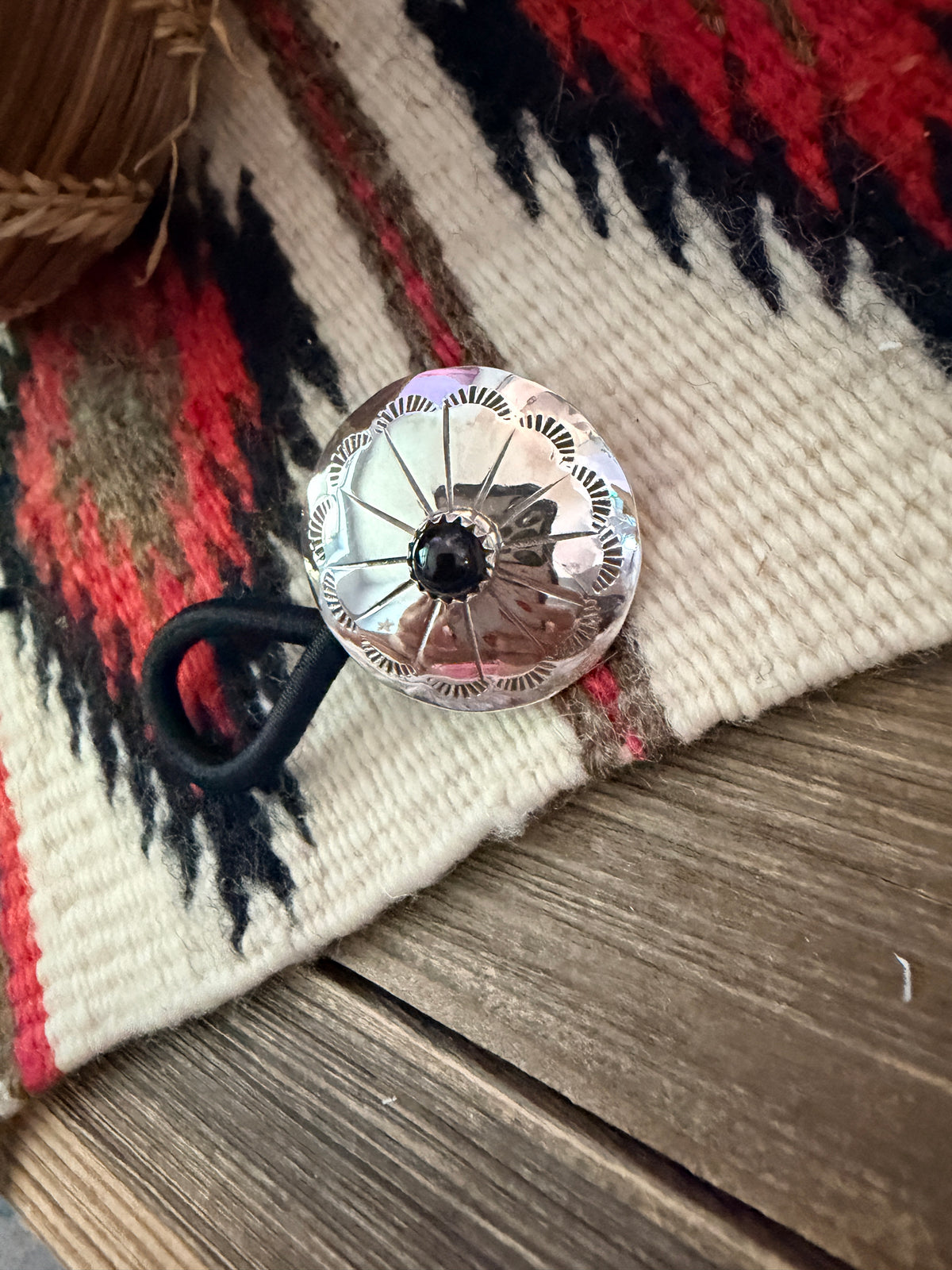 Handcrafted Onyx & Sterling Silver Concho Hair Tie Charm