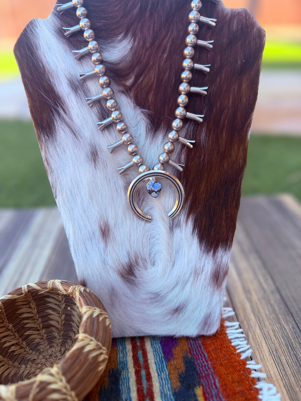Handmade Sterling Silver and Golden Hills Turquoise Beaded Squash Blossom Necklace "Signed Nizhoni"