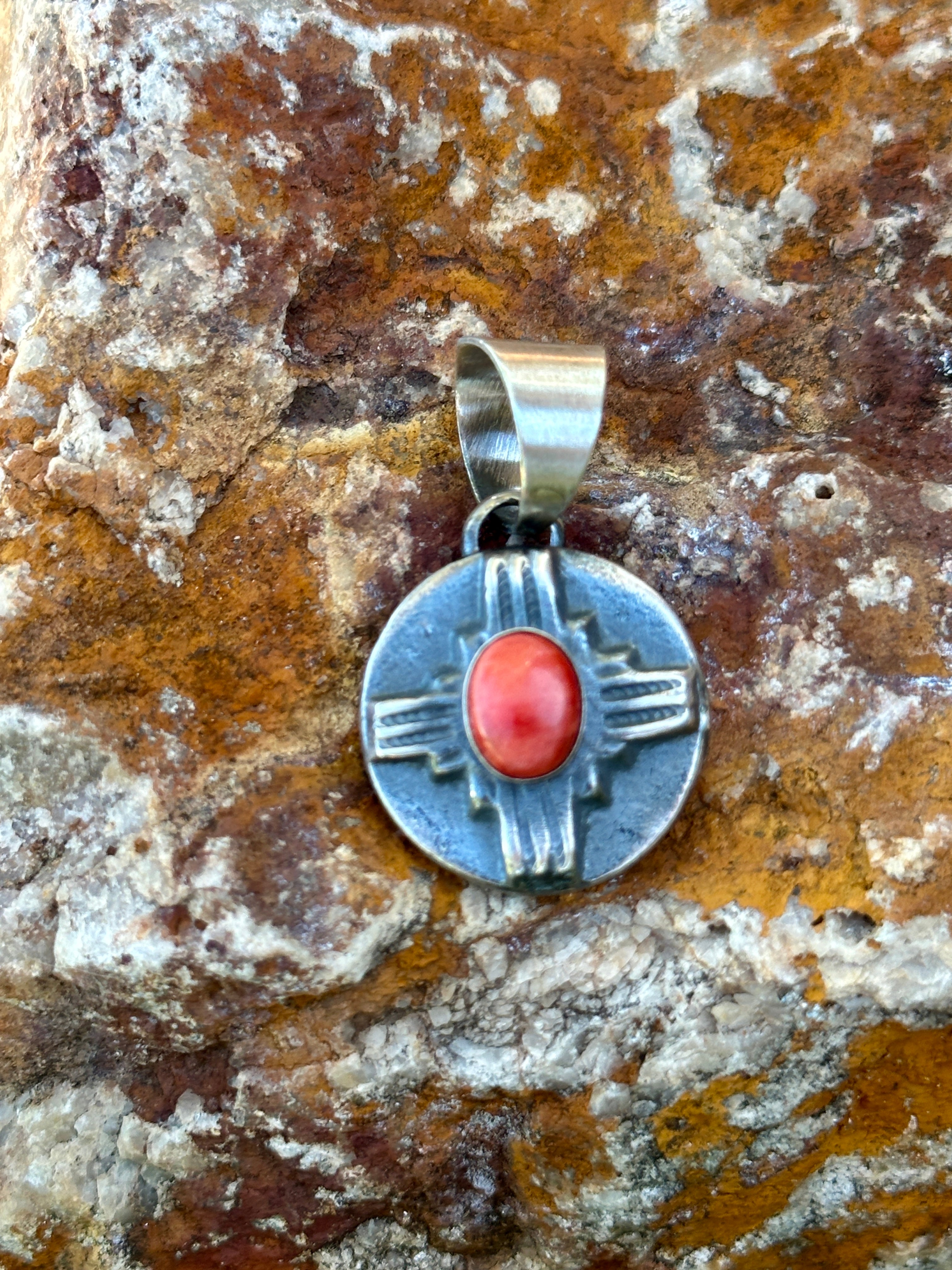 Navajo Sterling Silver Orange Spiny Round Zia Pendant By Chimney Butte